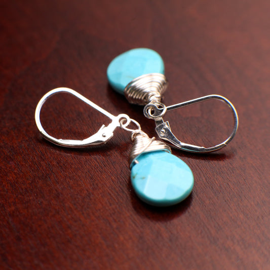 Genuine Blue Arizona Turquoise Sleeping Beauty Tear Drop Wire Wrapped Handmade Earrings, 925 Sterling Silver Leverback Earrings