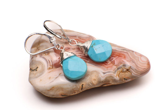 Genuine Blue Arizona Turquoise Sleeping Beauty Tear Drop Wire Wrapped Handmade Earrings, 925 Sterling Silver Leverback Earrings