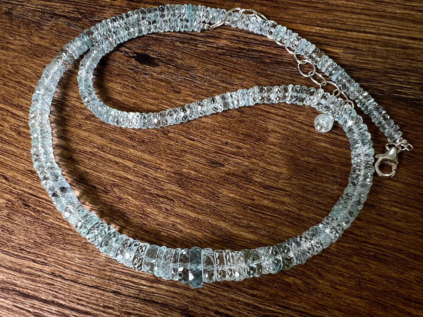 Natural Aquamarine Santa Maria wheel Heishi 4-9mm Micro Faceted Graduated Roundel necklace. Rare AAA clear gem quality 18” plus 3” extender