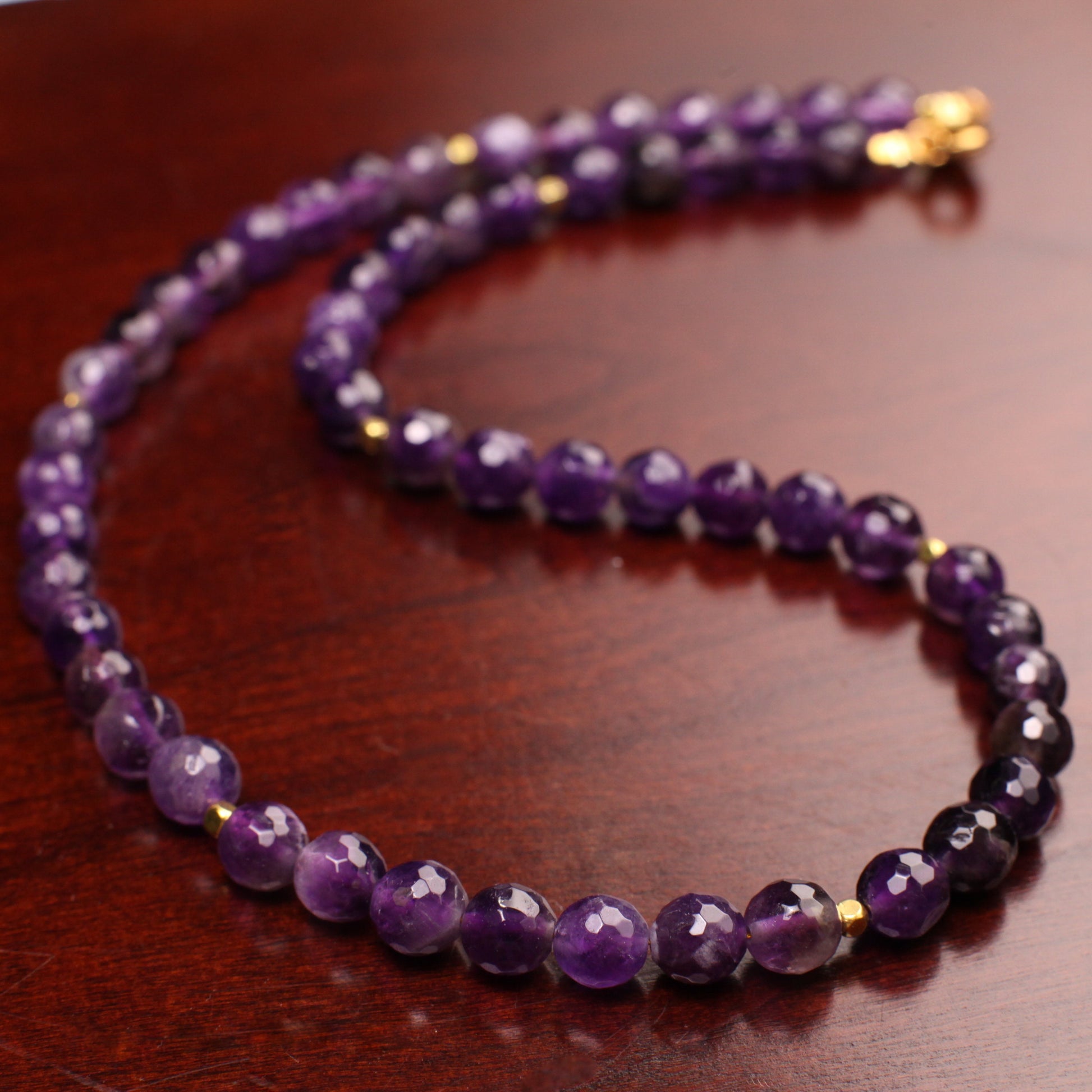 Natural Amethyst Purple 8mm Faceted Round beaded Choker, Layering Gold Necklace, February birthstone 14"- 30"