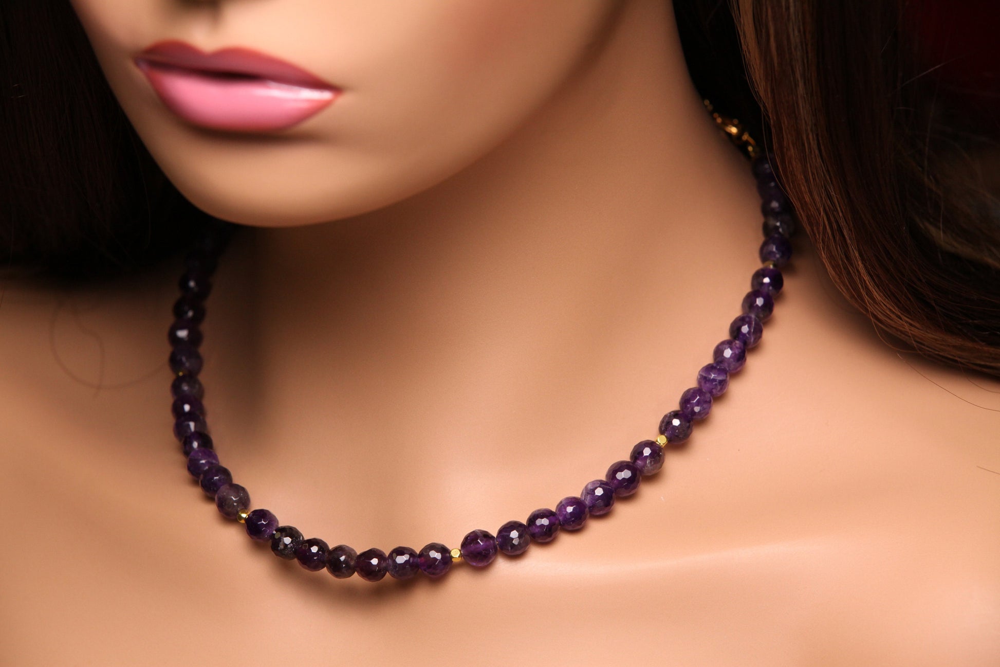 Natural Amethyst Purple 8mm Faceted Round beaded Choker, Layering Gold Necklace, February birthstone 14"- 30"