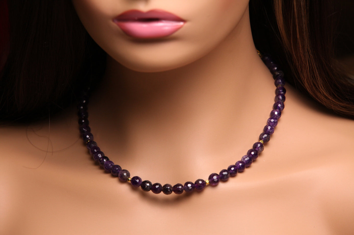 Natural Amethyst Purple 8mm Faceted Round beaded Choker, Layering Gold Necklace, February birthstone 14"- 30"