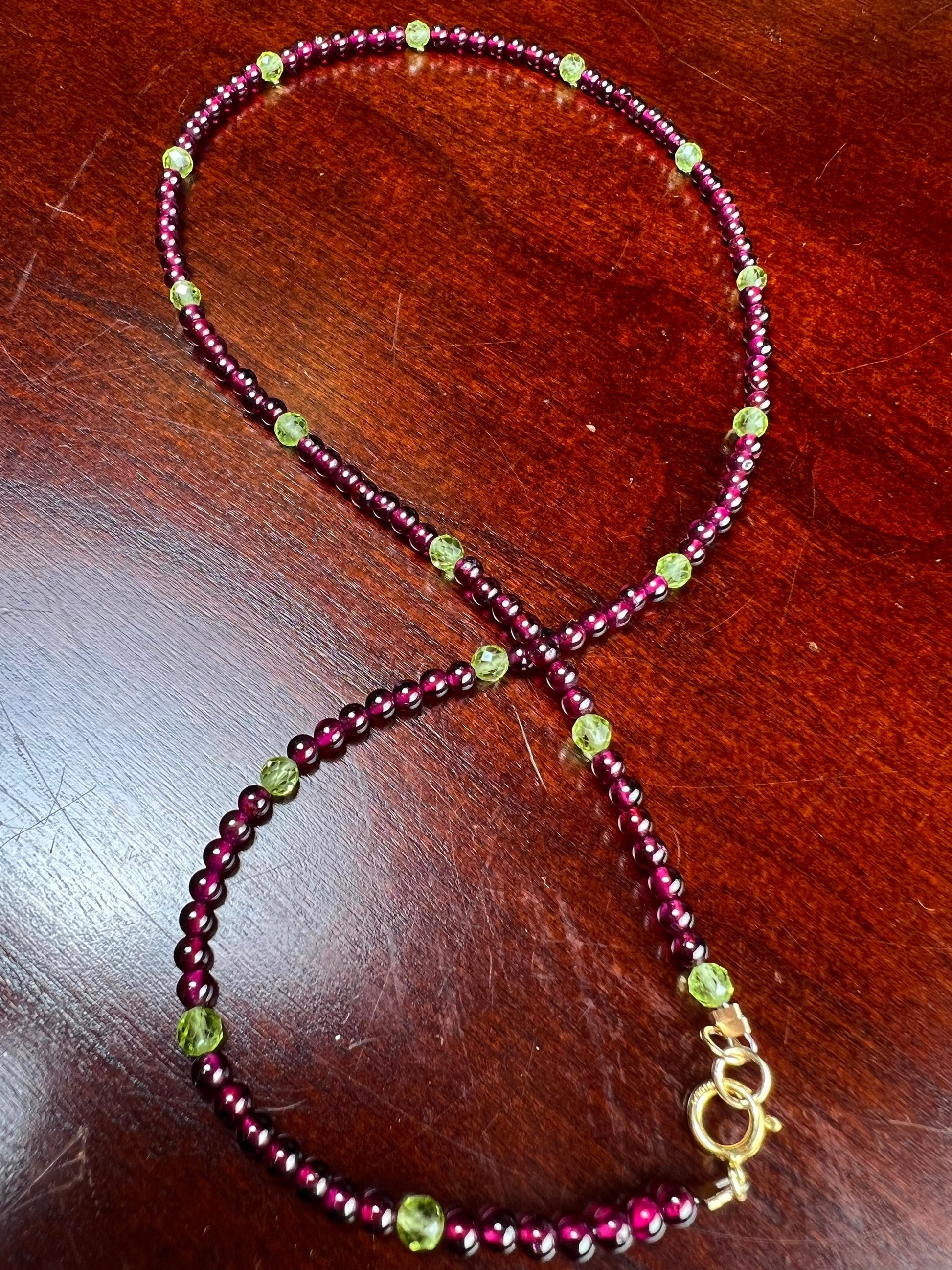 Merlot Red Garnet 3mm smooth Round,spacer with natural peridot necklace choker layering January Birthstone,Woman Gift