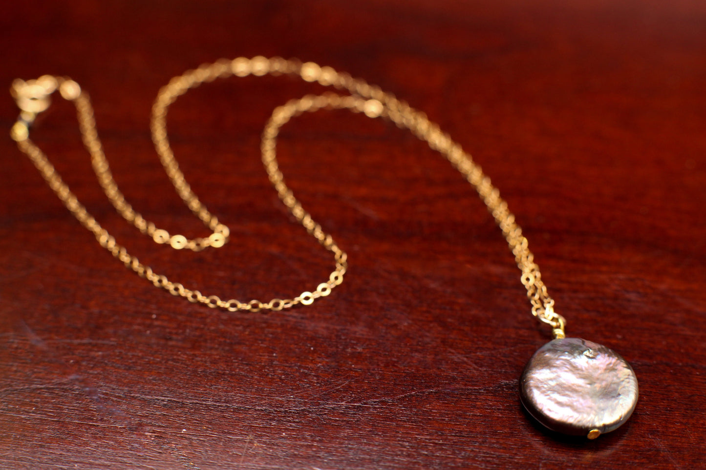 Freshwater Peacock Gray 16mm large Coin Pearl High Luster Dangling Wire Wrapped Pendant in Sterling Silver or 14k Gold Filled Necklace