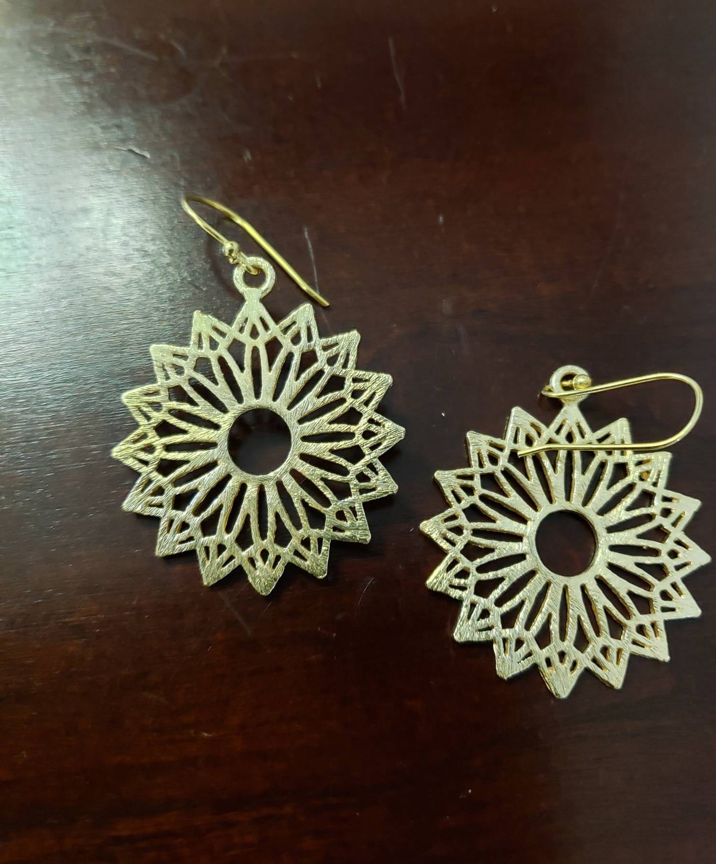 18K Gold Vermeil Bali Brush Gold Filigree Flower 30mm Circle Handmade Earrings, Beautiful light yellow gold Earrings gift