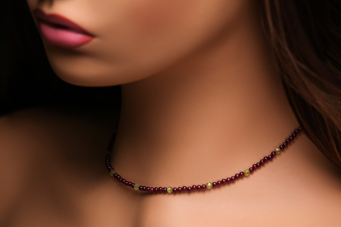 Merlot Red Garnet 3mm smooth Round,spacer with natural peridot necklace choker layering January Birthstone,Woman Gift