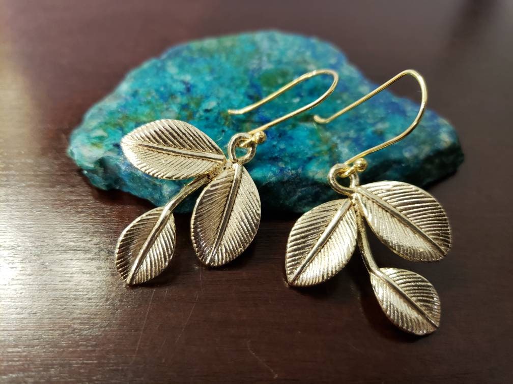 18k Gold Vermeil Bali Brush Gold Leaf Handmade Earrings, Beautiful Light Yellow Gold Color Medium Heavy Weight gift