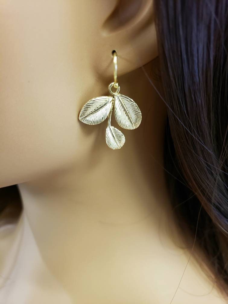 18k Gold Vermeil Bali Brush Gold Leaf Handmade Earrings, Beautiful Light Yellow Gold Color Medium Heavy Weight gift