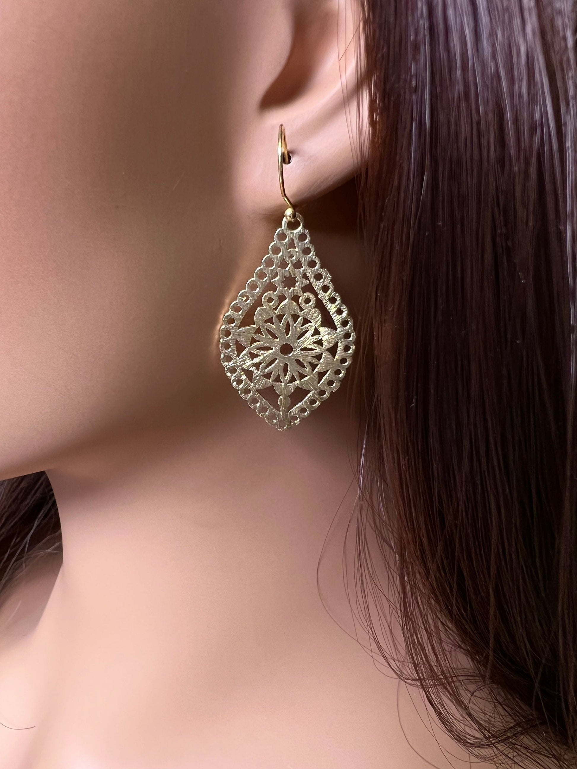 18k Gold Vermeil Bali brush gold Filigree flower 40mm long Handmade Earrings, beautiful light yellow gold color Earrings, gift