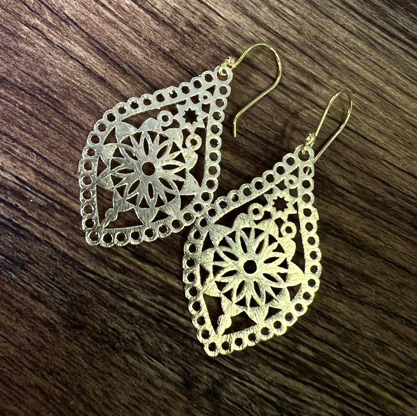 18k Gold Vermeil Bali brush gold Filigree flower 40mm long Handmade Earrings, beautiful light yellow gold color Earrings, gift