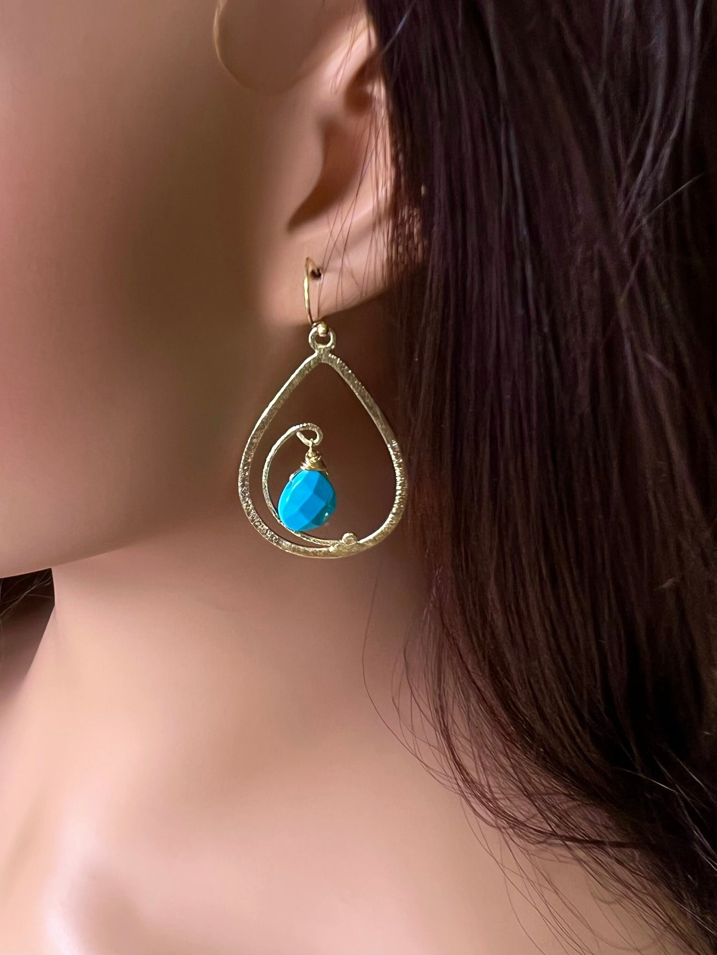 18k Gold Vermeil bali brush gold 40mm long drop hoop with sleeping beauty blue Turquoise drop Earrings, beautiful light yellow gold gift