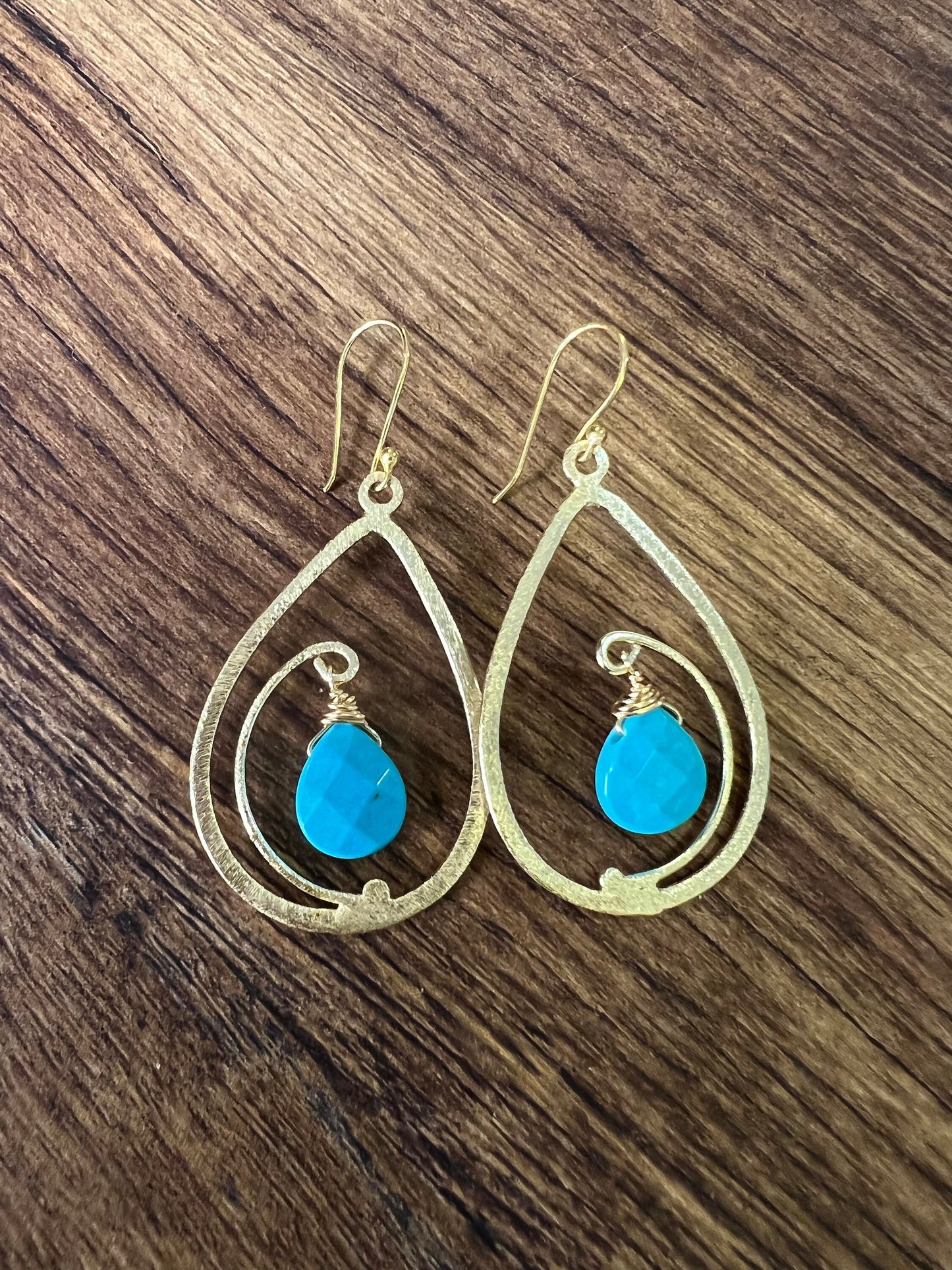 18k Gold Vermeil bali brush gold 40mm long drop hoop with sleeping beauty blue Turquoise drop Earrings, beautiful light yellow gold gift