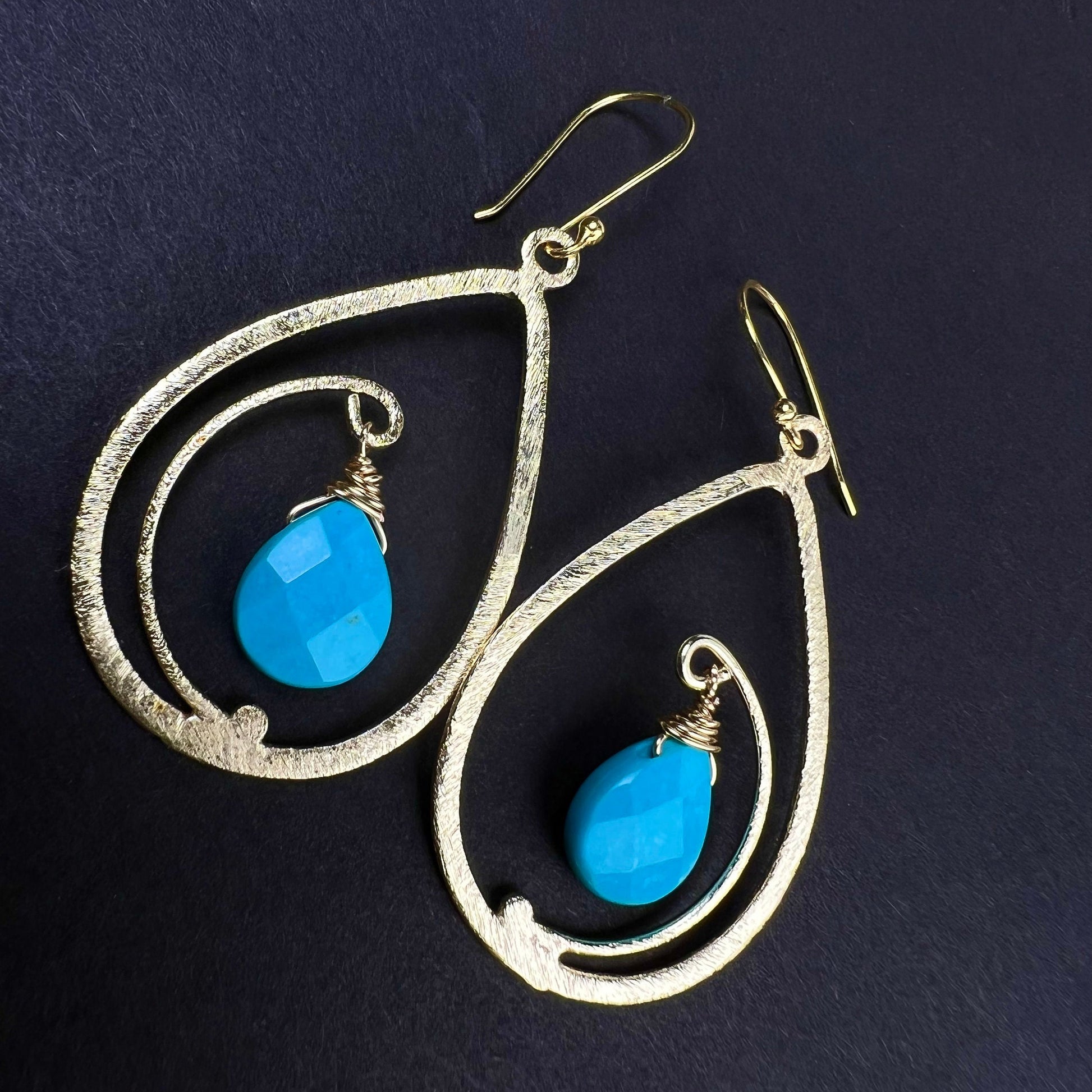 18k Gold Vermeil bali brush gold 40mm long drop hoop with sleeping beauty blue Turquoise drop Earrings, beautiful light yellow gold gift