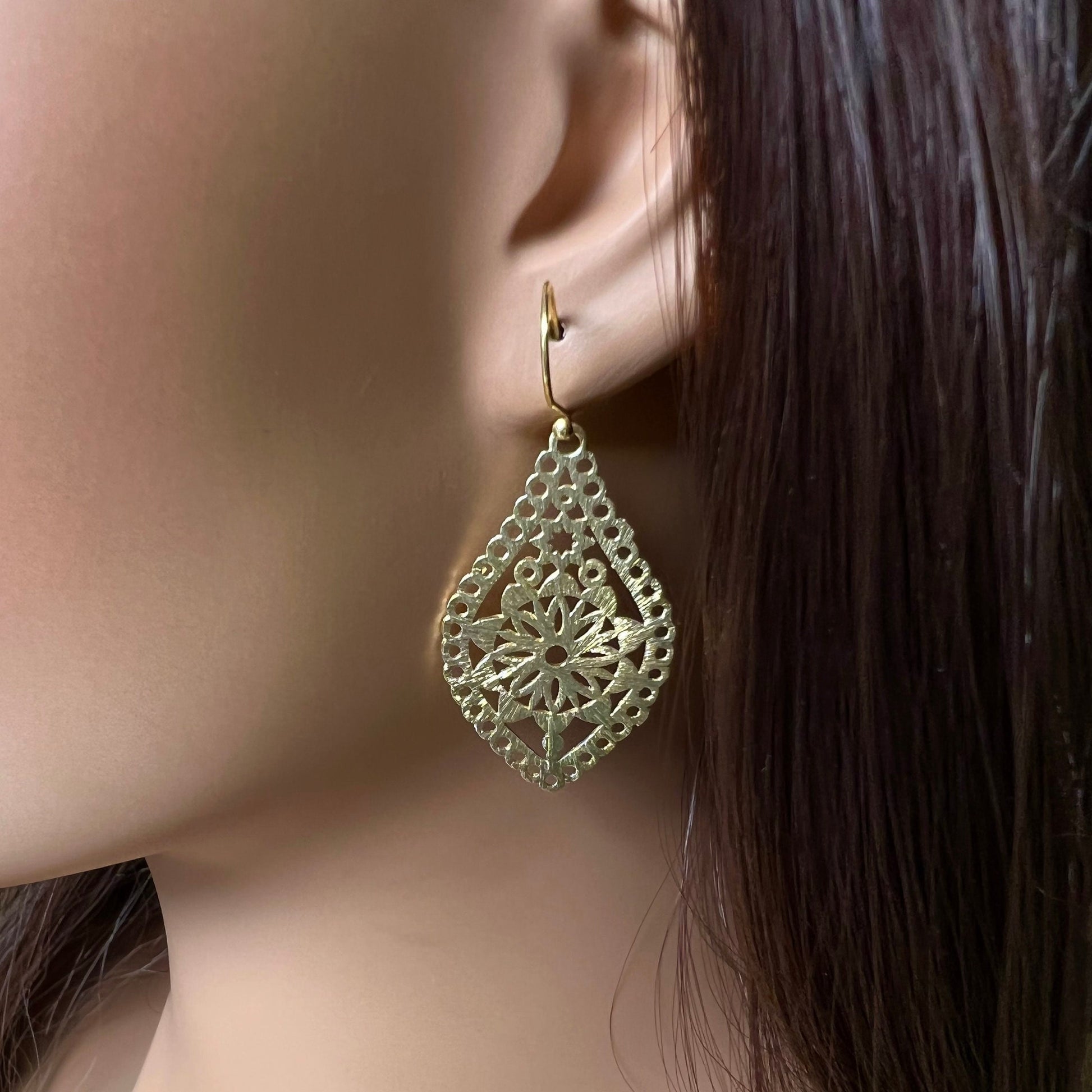 18k Gold Vermeil Bali brush gold Filigree flower 40mm long Handmade Earrings, beautiful light yellow gold color Earrings, gift