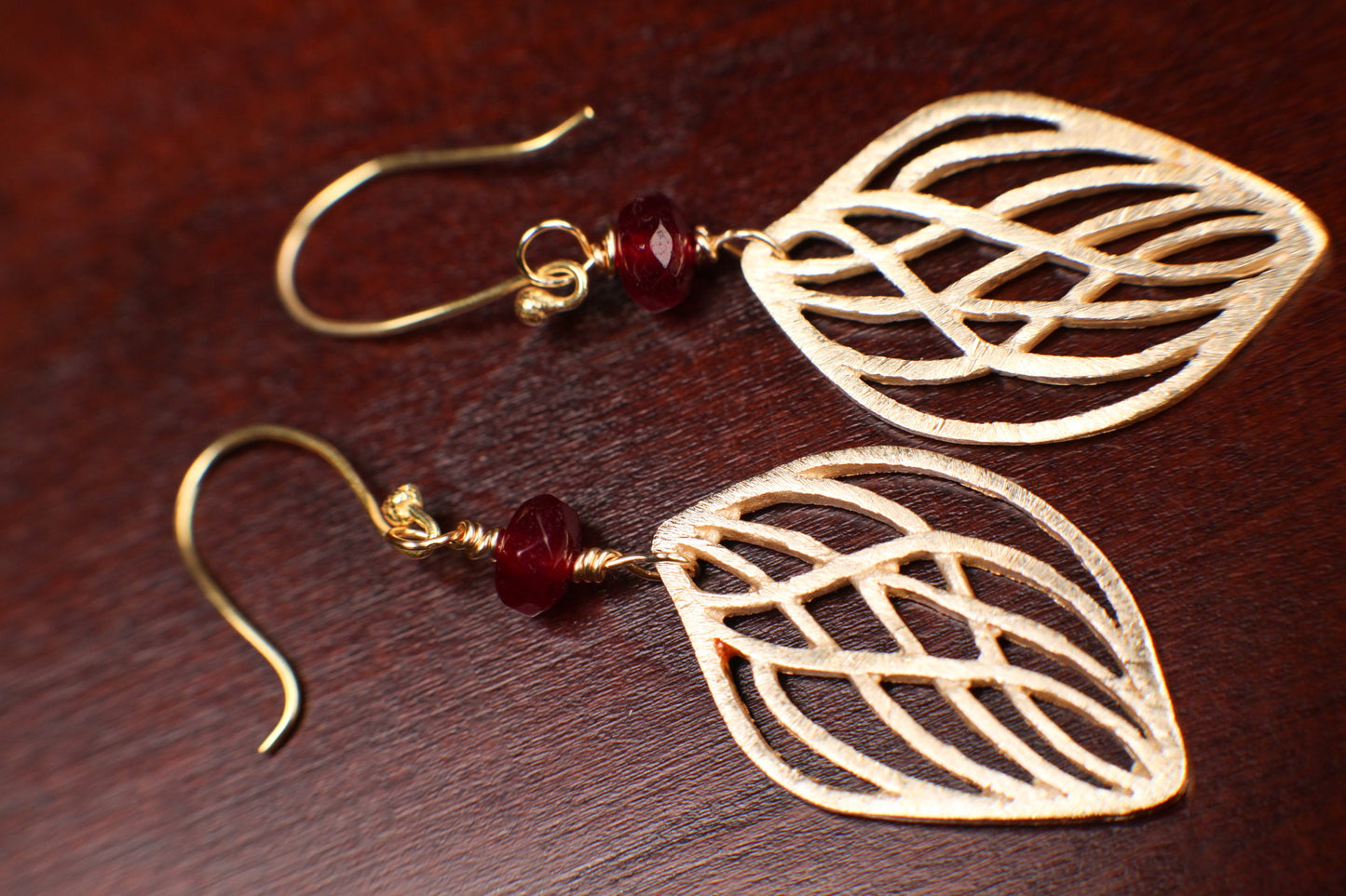 18k Gold Vermeil Bali brush gold Filigree 31mm long Handmade Earrings with Garnet Spacer, yellow gold Earrings, gift