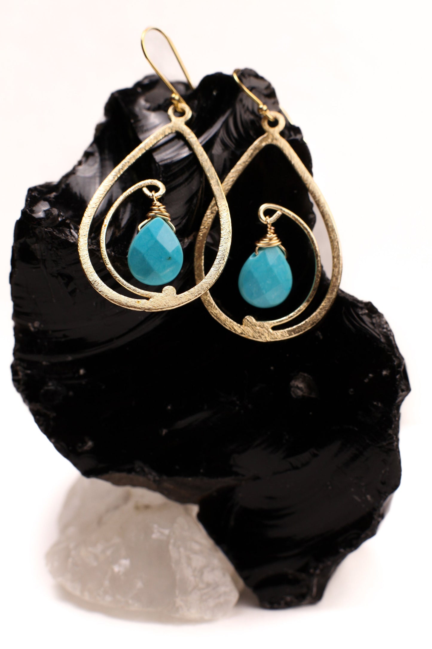 18k Gold Vermeil bali brush gold 40mm long drop hoop with sleeping beauty blue Turquoise drop Earrings, beautiful light yellow gold gift