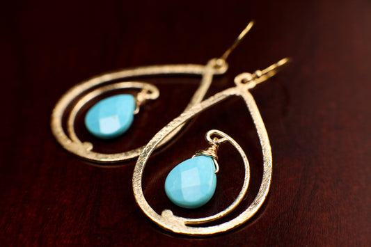 18k Gold Vermeil bali brush gold 40mm long drop hoop with sleeping beauty blue Turquoise drop Earrings, beautiful light yellow gold gift