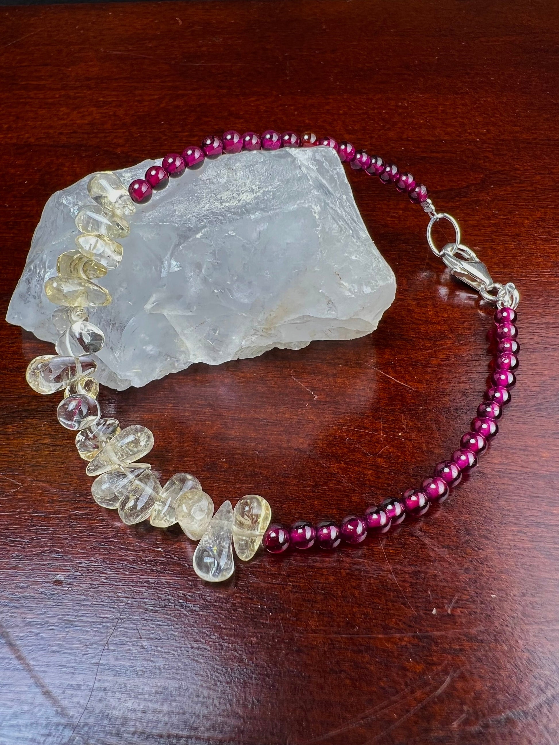 Garnet 3mm Smooth Round and Citrine Smooth Teardrop Bracelet in 925 Sterling Silver Healing, Energy Yoga Bracelet