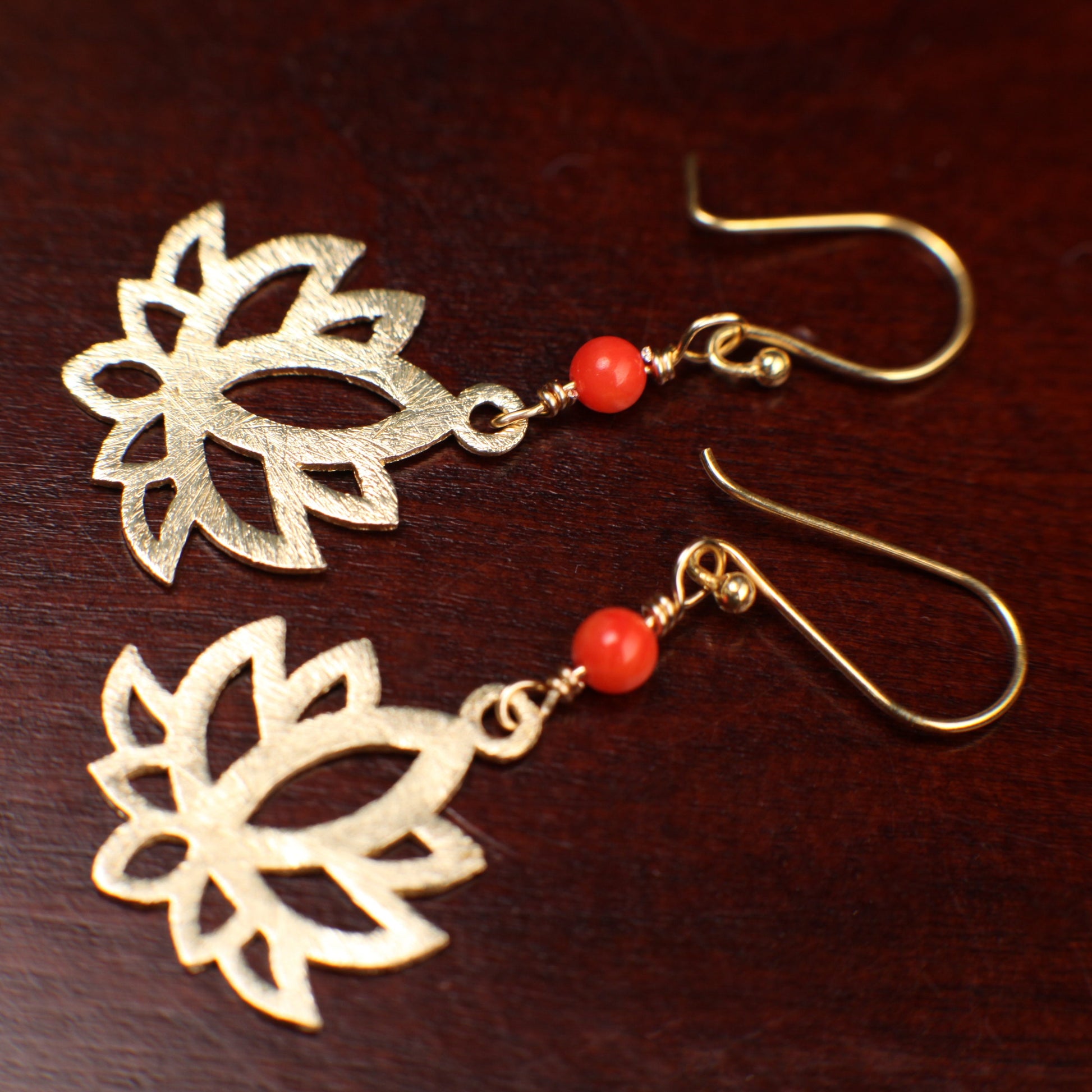 18k Gold Vermeil Bali brush gold Filigree Lotus Flower 22mm long Handmade Earrings with genuine Coral Spacer, yellow gold gift purity gift