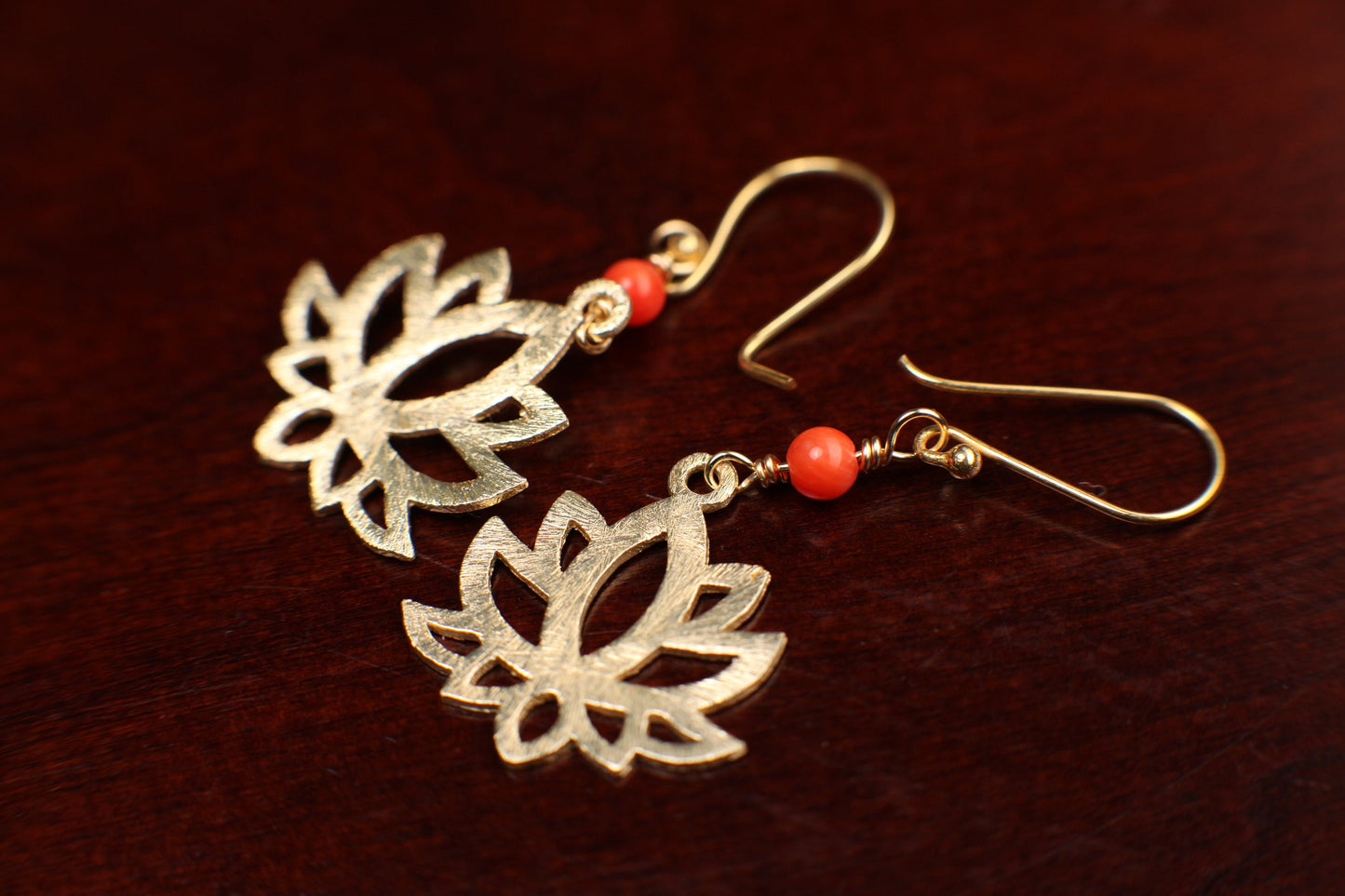 18k Gold Vermeil Bali brush gold Filigree Lotus Flower 22mm long Handmade Earrings with genuine Coral Spacer, yellow gold gift purity gift