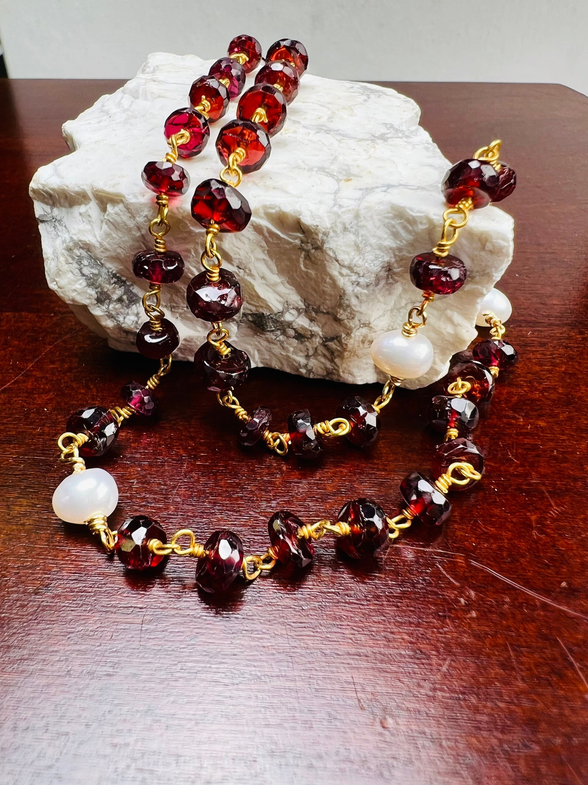 Mozambique Garnet 6mm AAA Roundel Choker wire wrapped handmade Necklace, Freshwater Pearl Spacer, 14k Goldfilled, January Birthstone