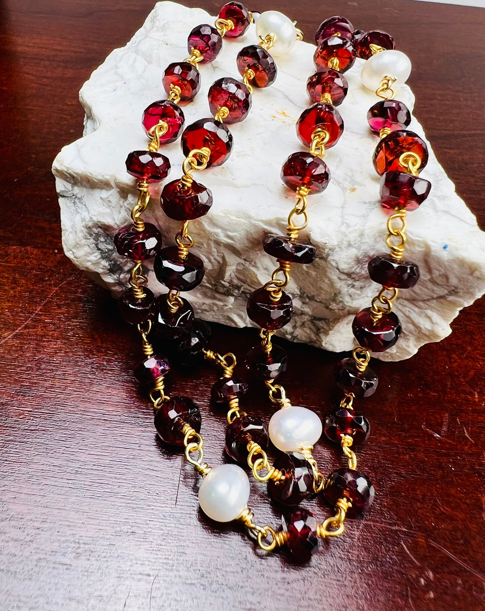 Mozambique Garnet 6mm AAA Roundel Choker wire wrapped handmade Necklace, Freshwater Pearl Spacer, 14k Goldfilled, January Birthstone