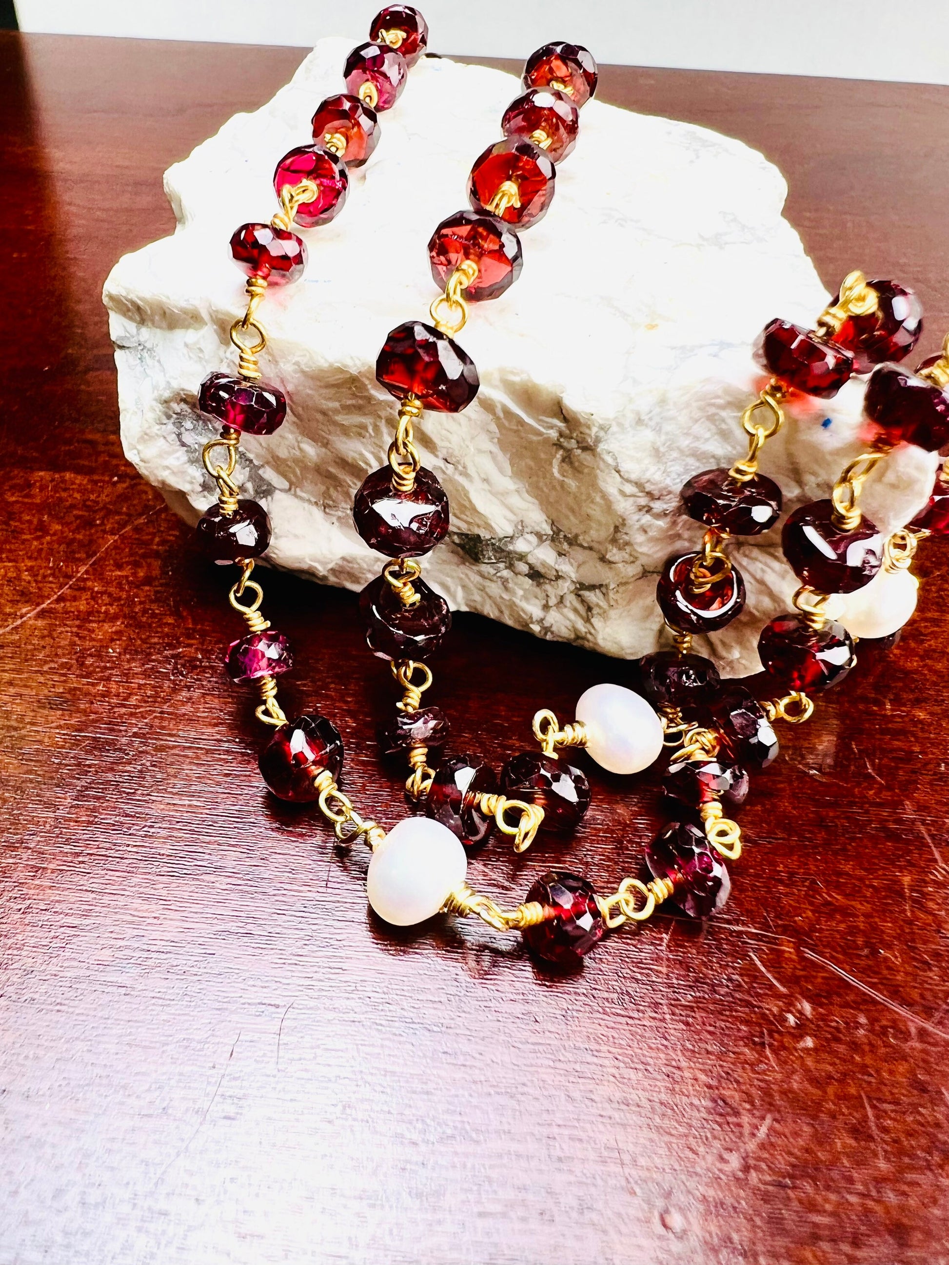 Mozambique Garnet 6mm AAA Roundel Choker wire wrapped handmade Necklace, Freshwater Pearl Spacer, 14k Goldfilled, January Birthstone