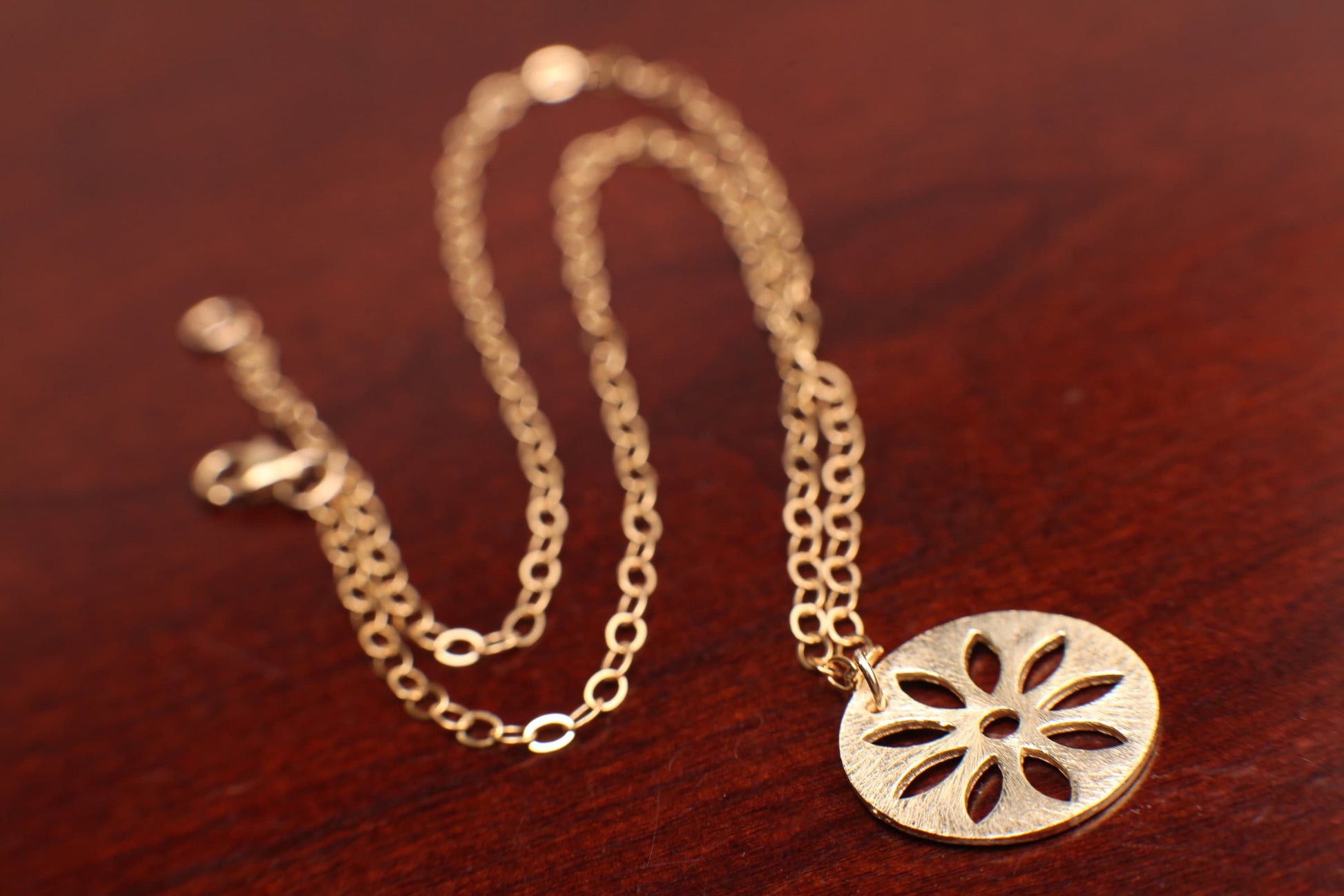 14k Gold Filled Cable Chain with Gold Vermeil Bali Brush Gold Filigree Circle Handmade Pendant Necklace