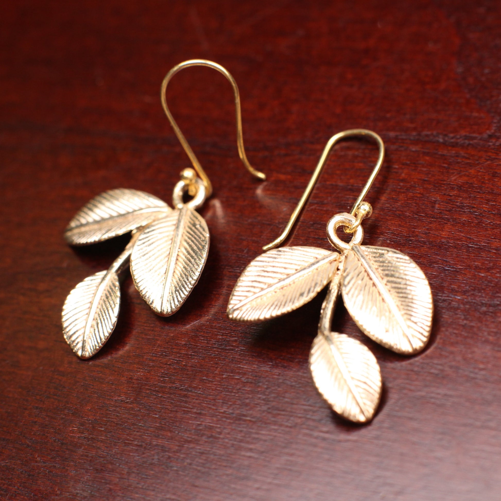 18k Gold Vermeil Bali Brush Gold Leaf Handmade Earrings, Beautiful Light Yellow Gold Color Medium Heavy Weight gift