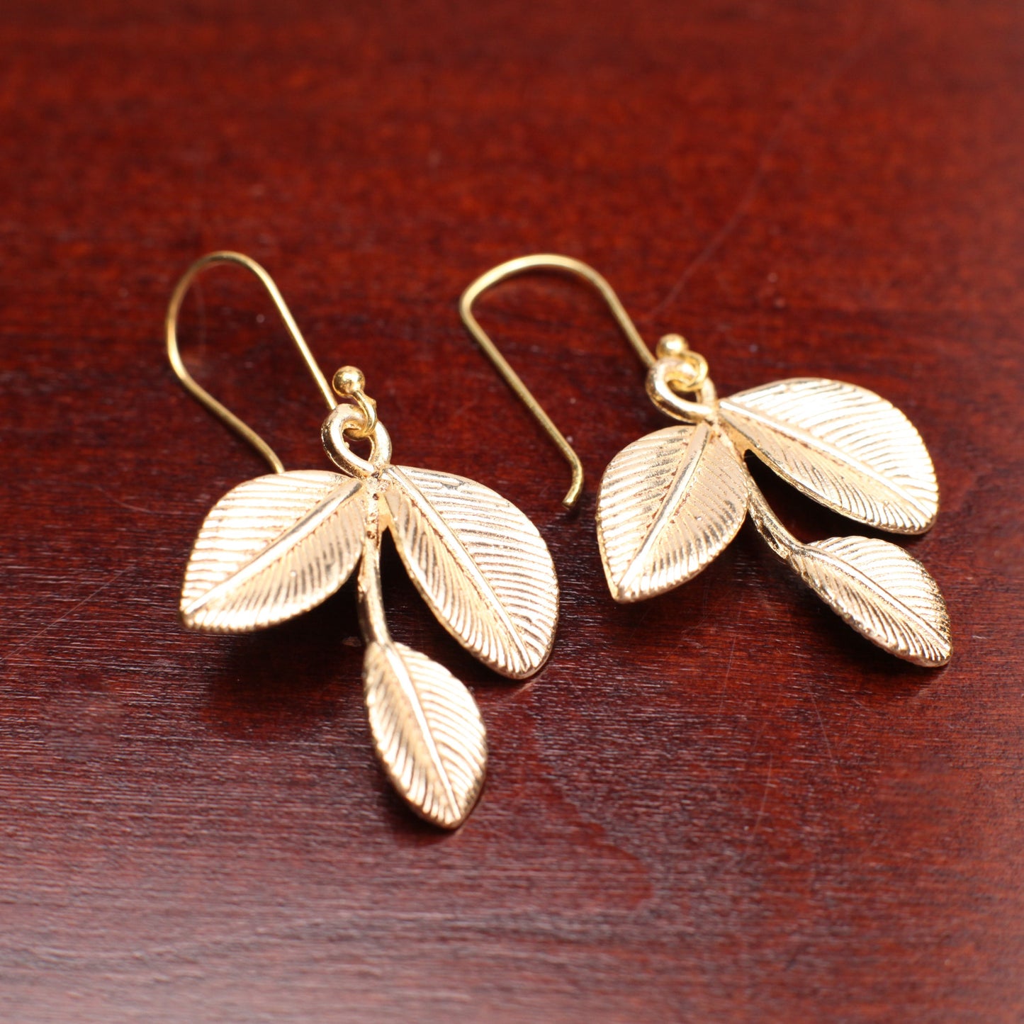 18k Gold Vermeil Bali Brush Gold Leaf Handmade Earrings, Beautiful Light Yellow Gold Color Medium Heavy Weight gift