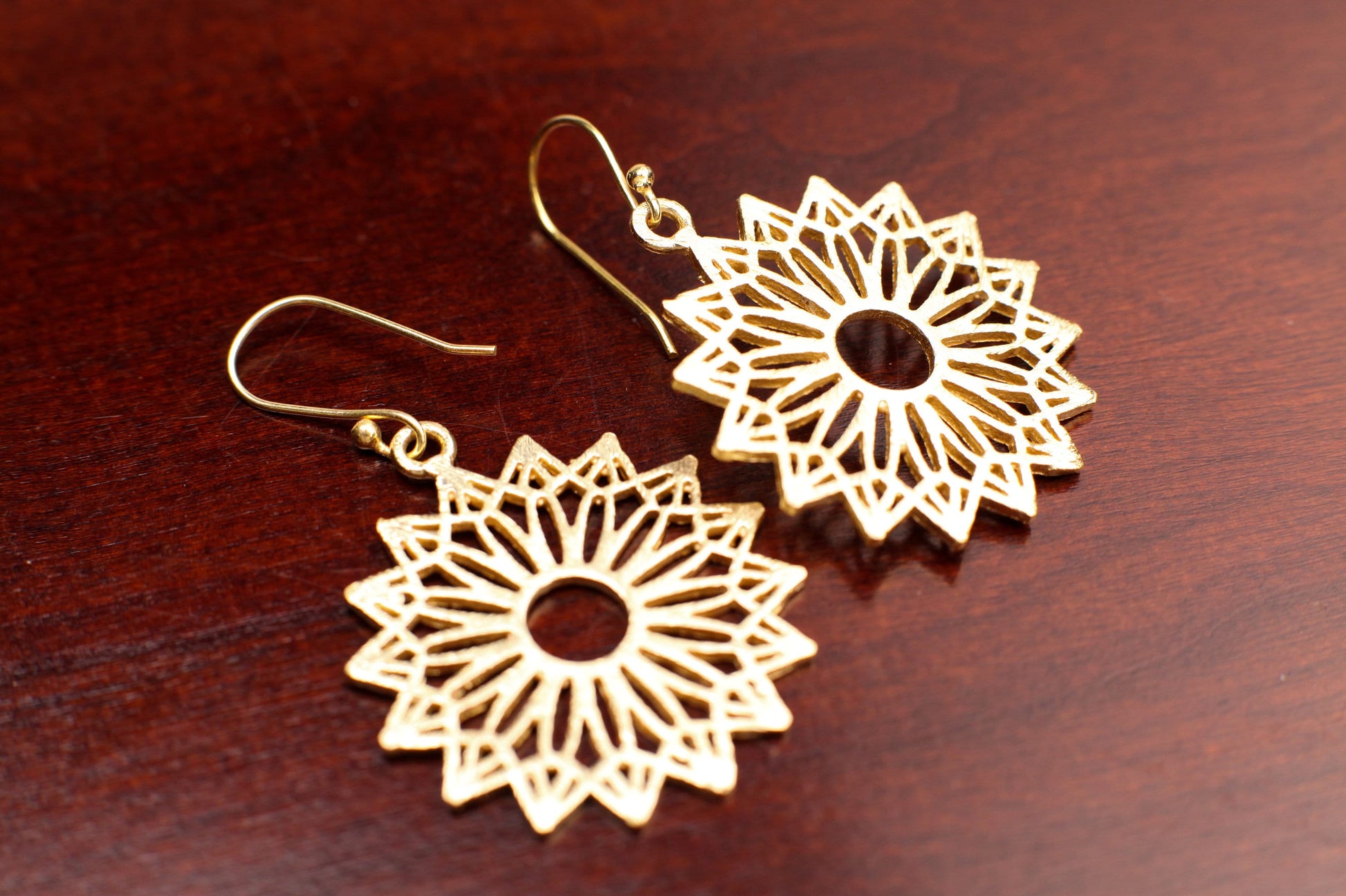 18K Gold Vermeil Bali Brush Gold Filigree Flower 30mm Circle Handmade Earrings, Beautiful light yellow gold Earrings gift