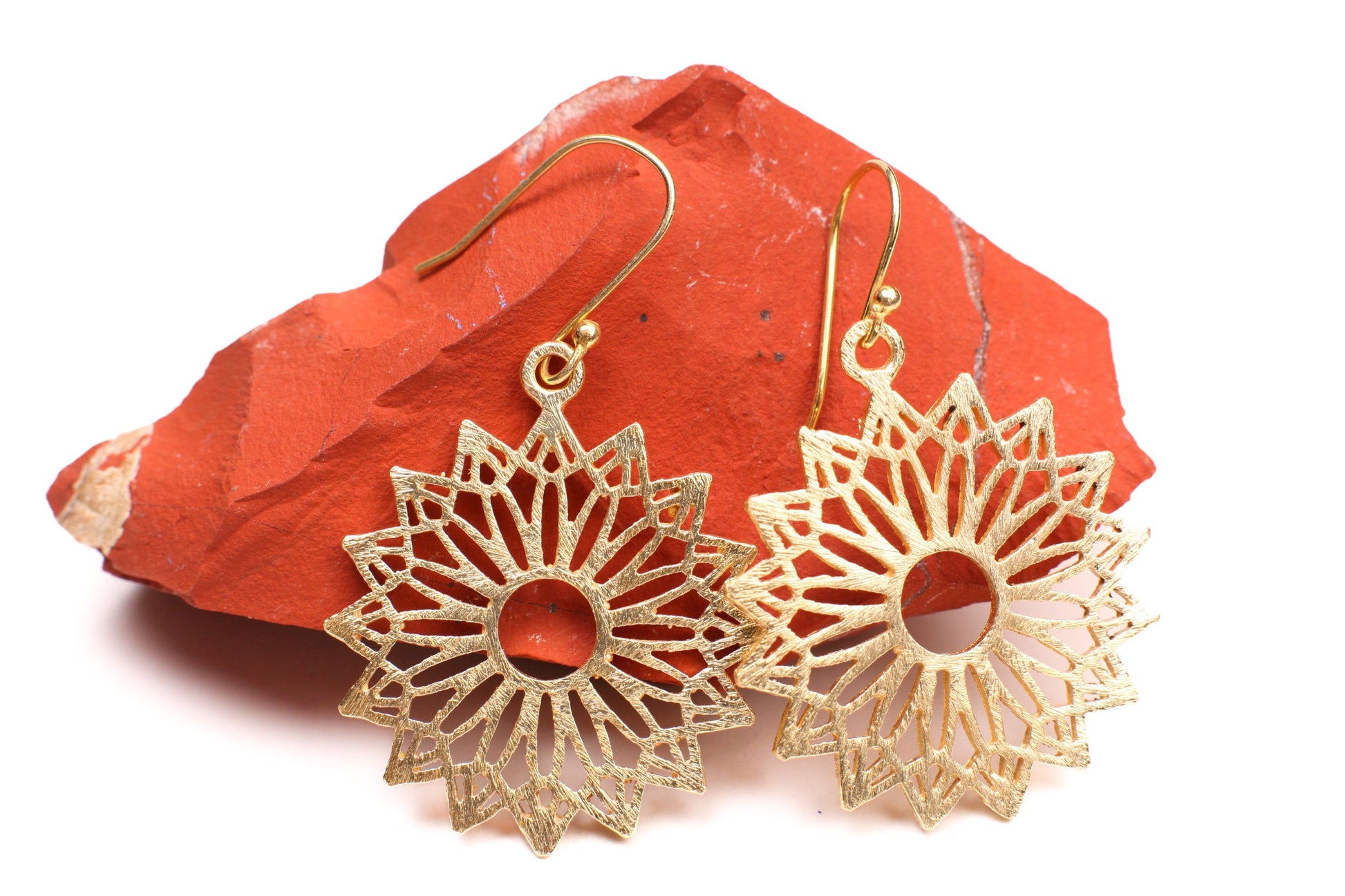 18K Gold Vermeil Bali Brush Gold Filigree Flower 30mm Circle Handmade Earrings, Beautiful light yellow gold Earrings gift