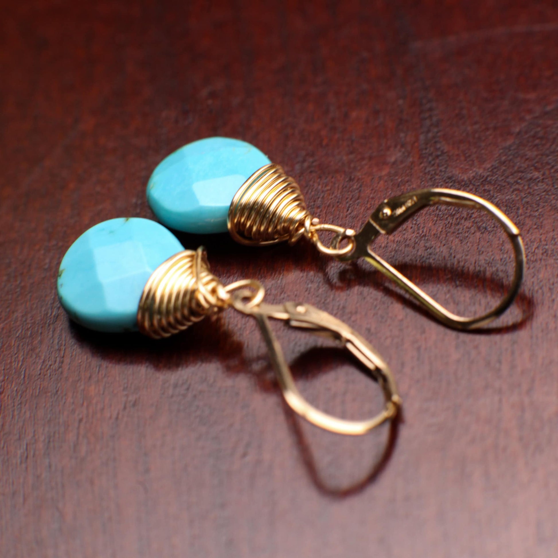 Genuine Blue Arizona Turquoise Sleeping Beauty Tear Drop Wire Wrapped Handmade Earrings, 14K Goldfilled Leverback Earrings