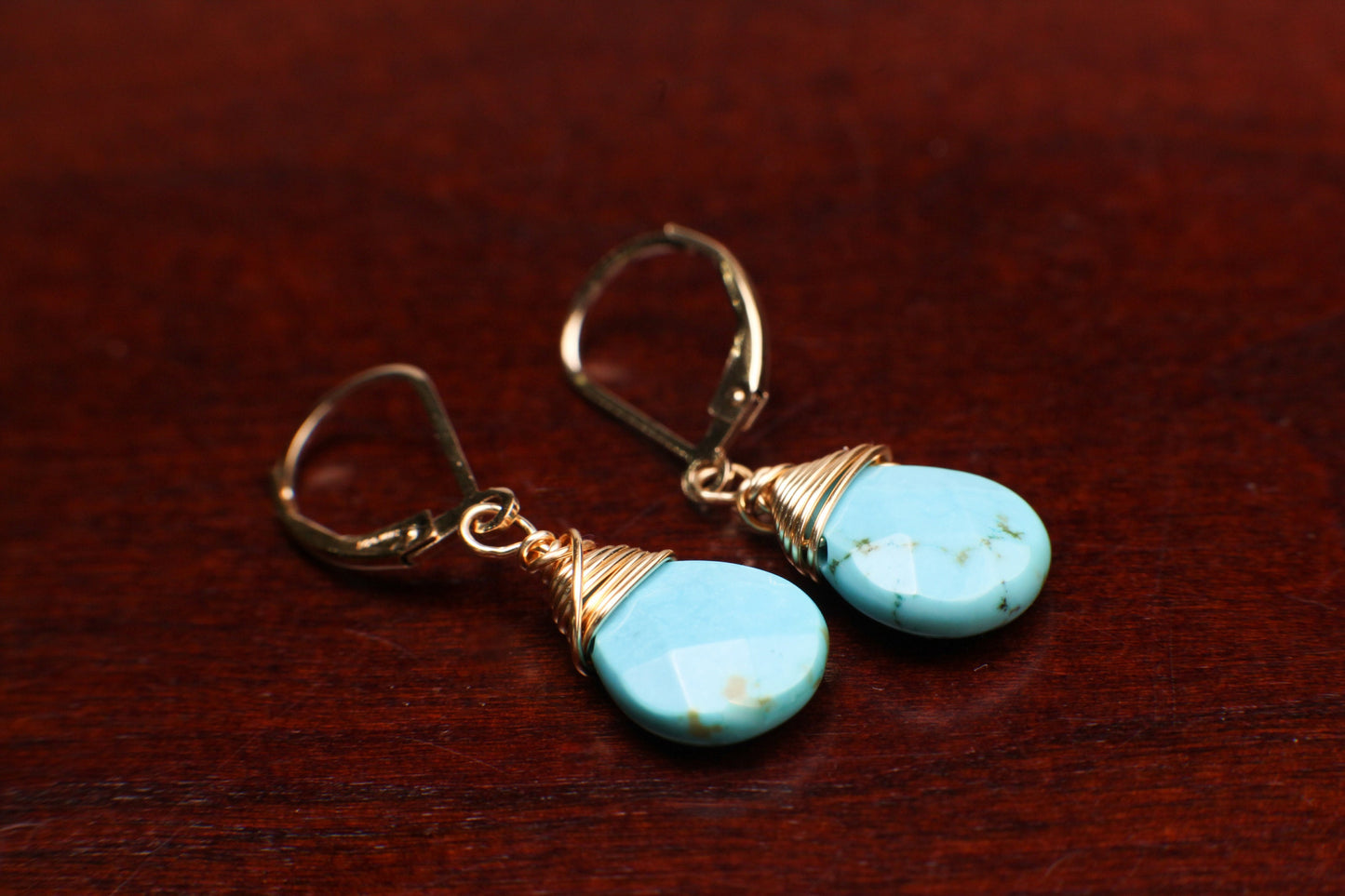 Genuine Blue Arizona Turquoise Sleeping Beauty Tear Drop Wire Wrapped Handmade Earrings, 14K Goldfilled Leverback Earrings