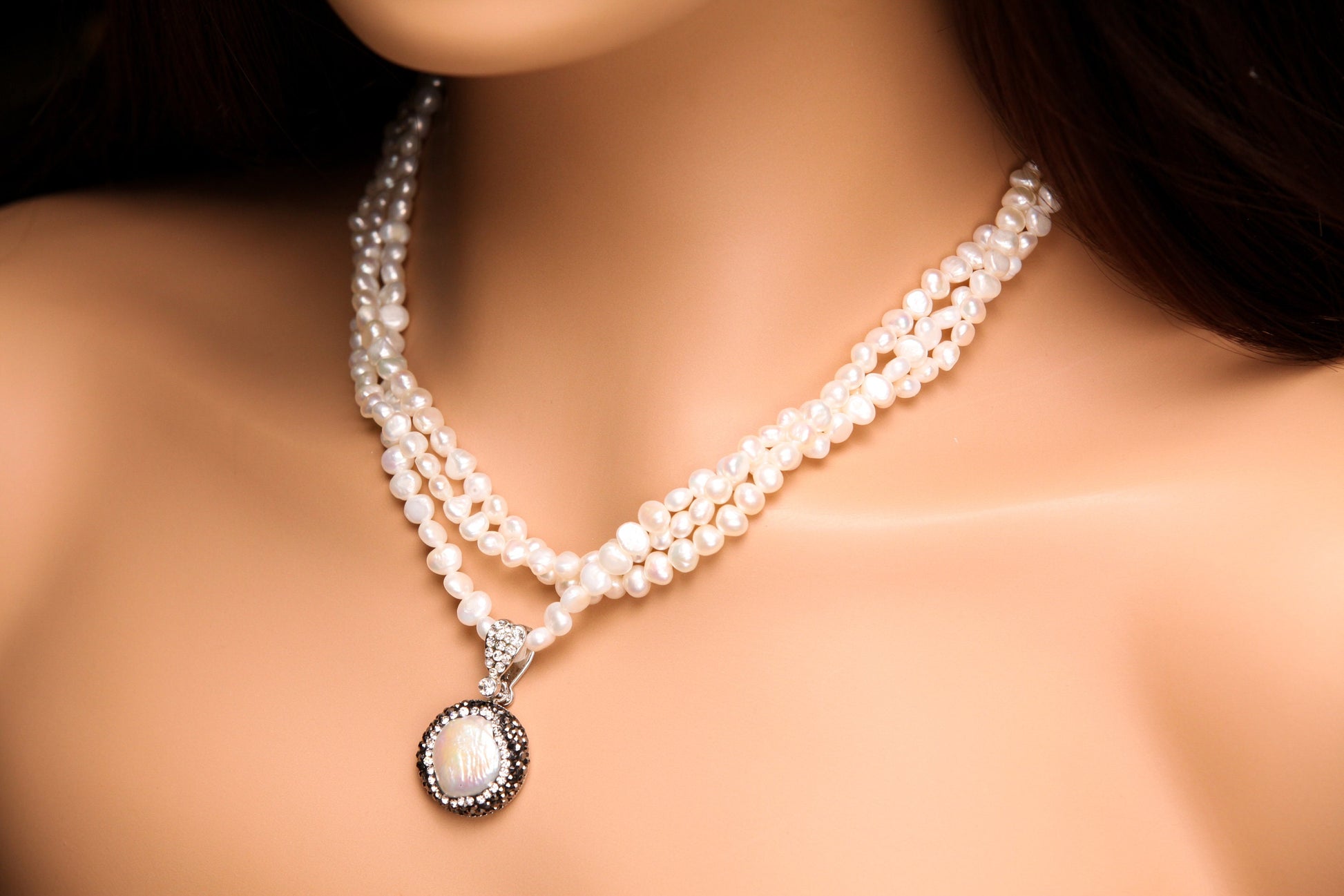 Natural Freshwater White Pearl High Luster Triple Strand Necklace, Freshwater 12mm Coin Pearl & Rhinestone Inlaid Pendant, 17"+2" Extender