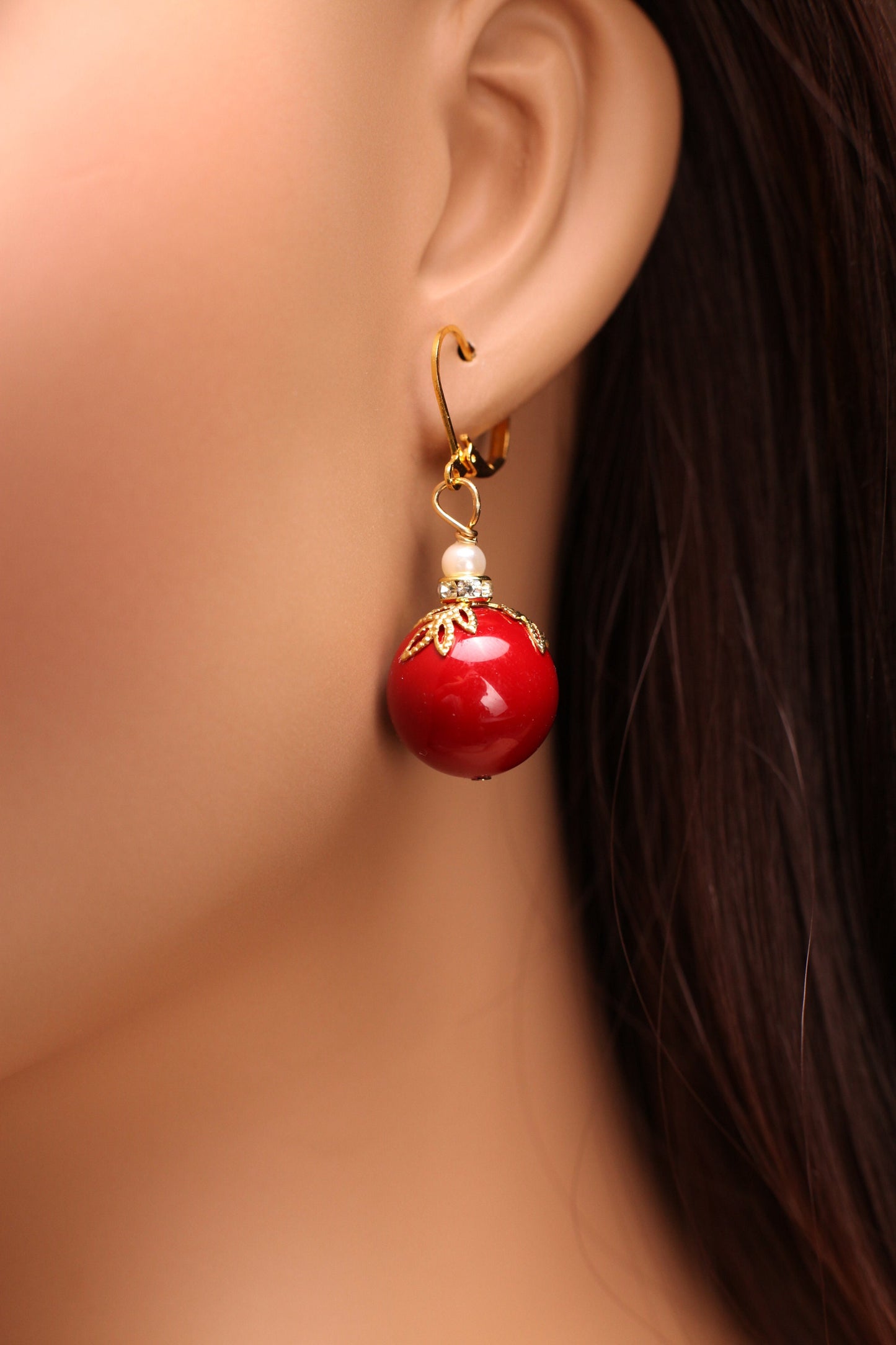 Dark Bright Red South Sea Shell Pearl 16mm Large High Luster, Freshwater Pearl Spacer, Gold Leaf Cap Rhinestone Leverback Earrings