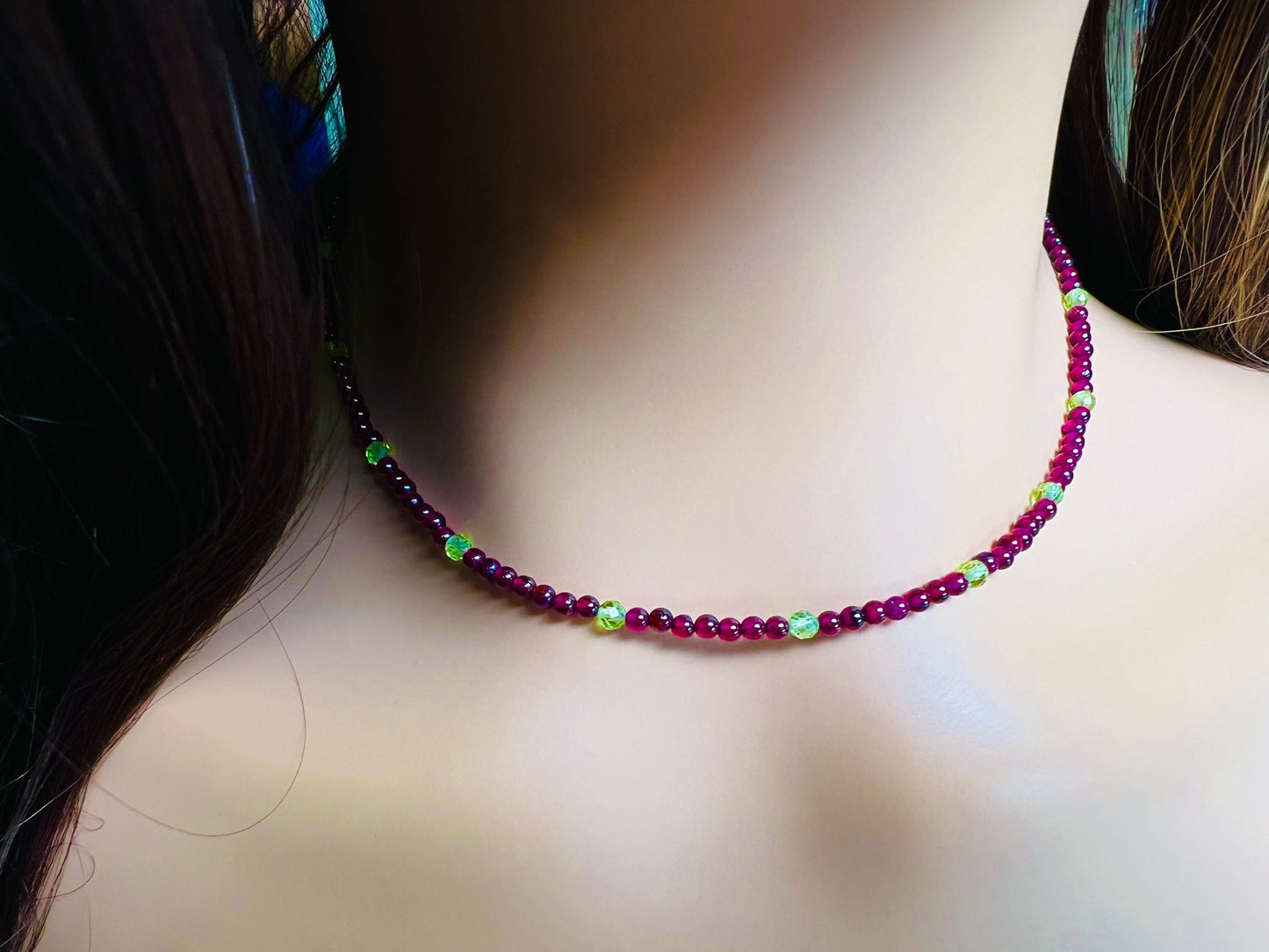 Merlot Red Garnet 3mm smooth Round,spacer with natural peridot necklace choker layering January Birthstone,Woman Gift