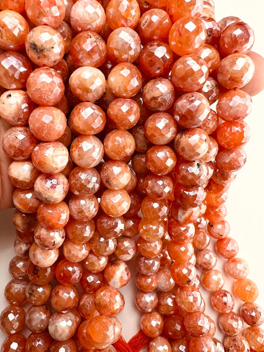 Natural peach Moonstone mystic faceted 9.5-10mm round bead ,Jewelry making super beautiful beads, 8" strand