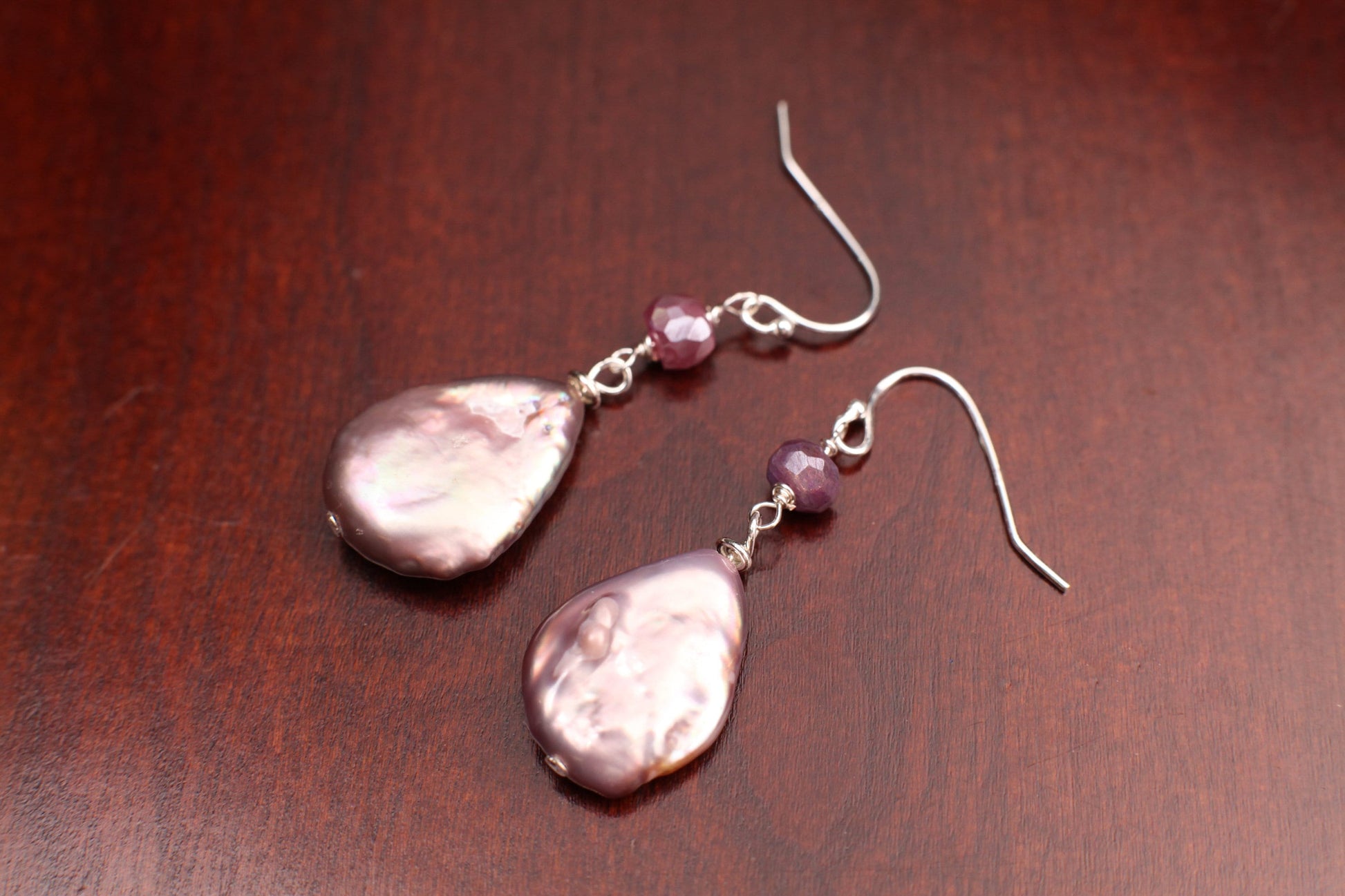 Freshwater Pink/Purpleish Keshi Teardrop Pearl, Wire Wrapped Pink Moonstone Spacer Dangling, 925 Sterling Silver Earrings, Boho, Gift