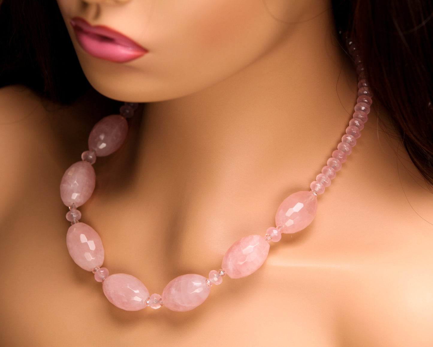 Madagascar Rose Quartz 18x26mm Faceted Oval with 8mm Faceted Rondelle Spacers Necklace with 2" Extension Chain