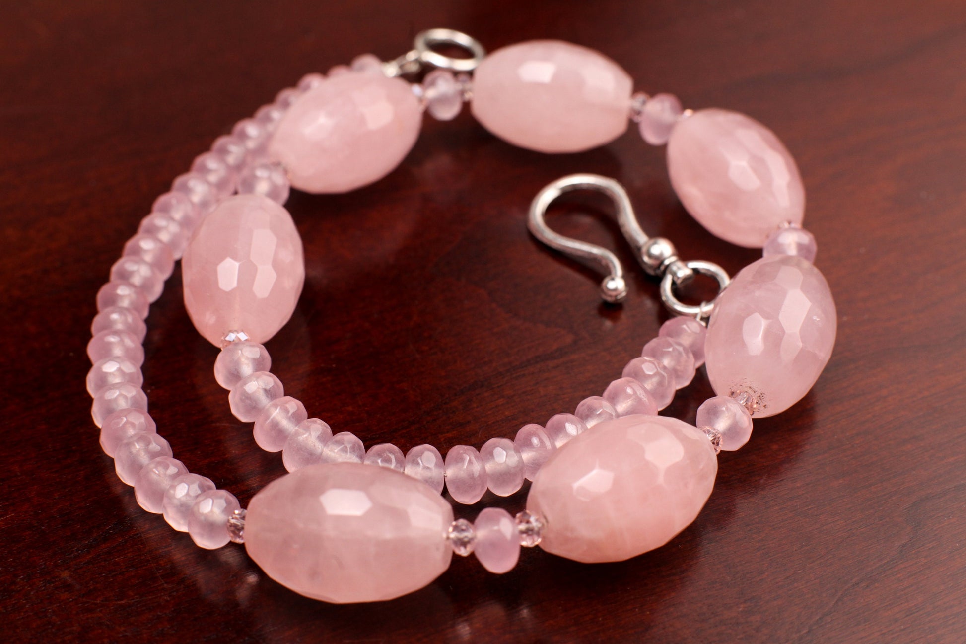 Madagascar Rose Quartz 18x26mm Faceted Oval with 8mm Faceted Rondelle Spacers Necklace with 2" Extension Chain