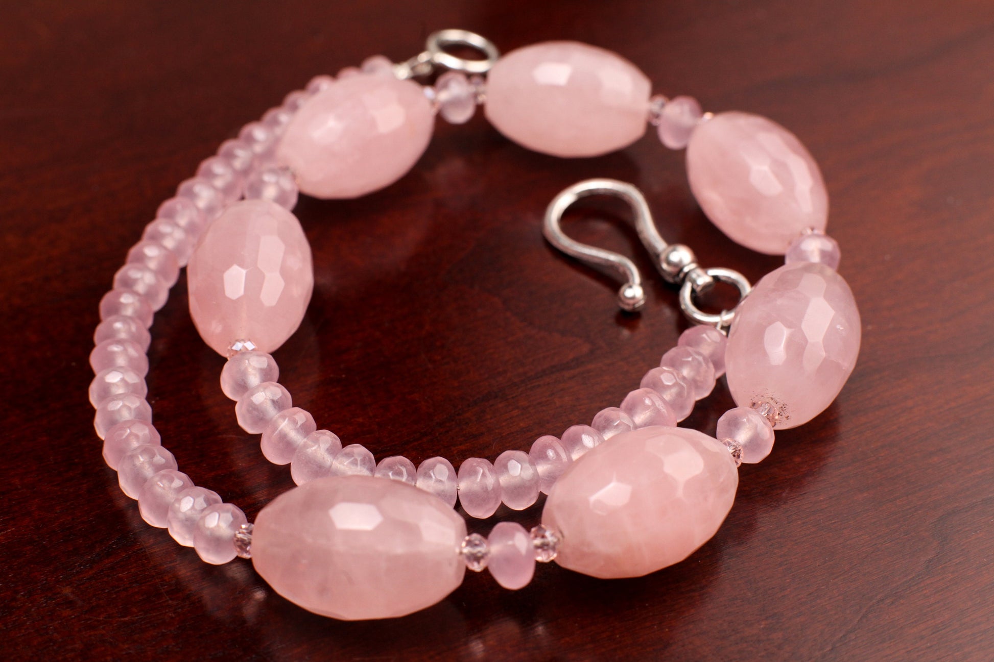 Madagascar Rose Quartz 18x26mm Faceted Oval with 8mm Faceted Rondelle Spacers Necklace with 2" Extension Chain, valentines