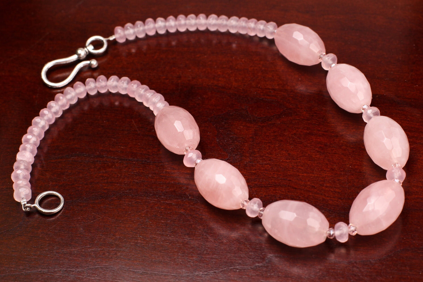 Madagascar Rose Quartz 18x26mm Faceted Oval with 8mm Faceted Rondelle Spacers Necklace with 2" Extension Chain