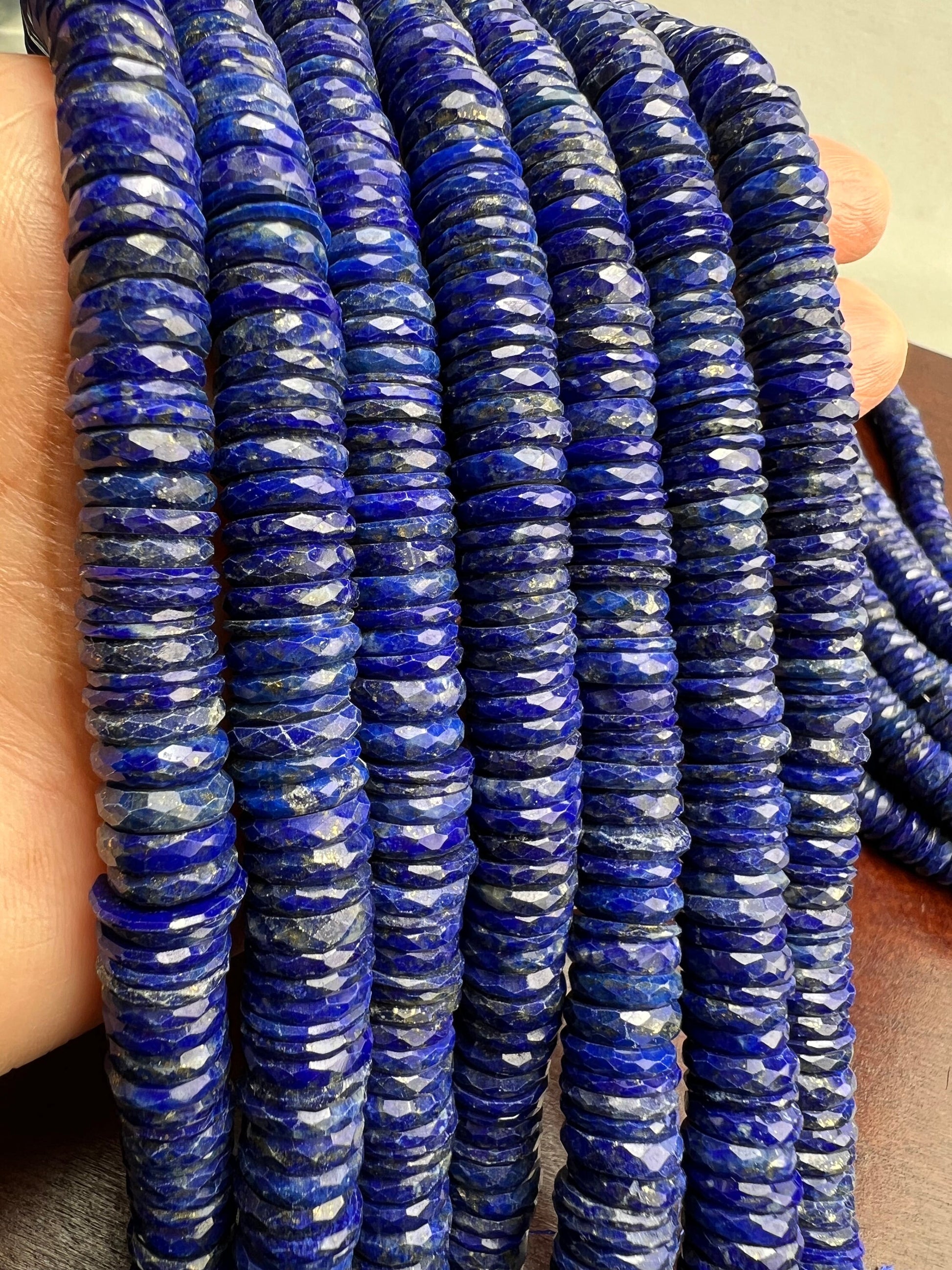 Genuine Lapis Lazuli Faceted Heishi Roundel Washer Beads 7.5” Strand 7.5, 9.5mm size AAA Bright Blue Gold Matrix Natural Lapis