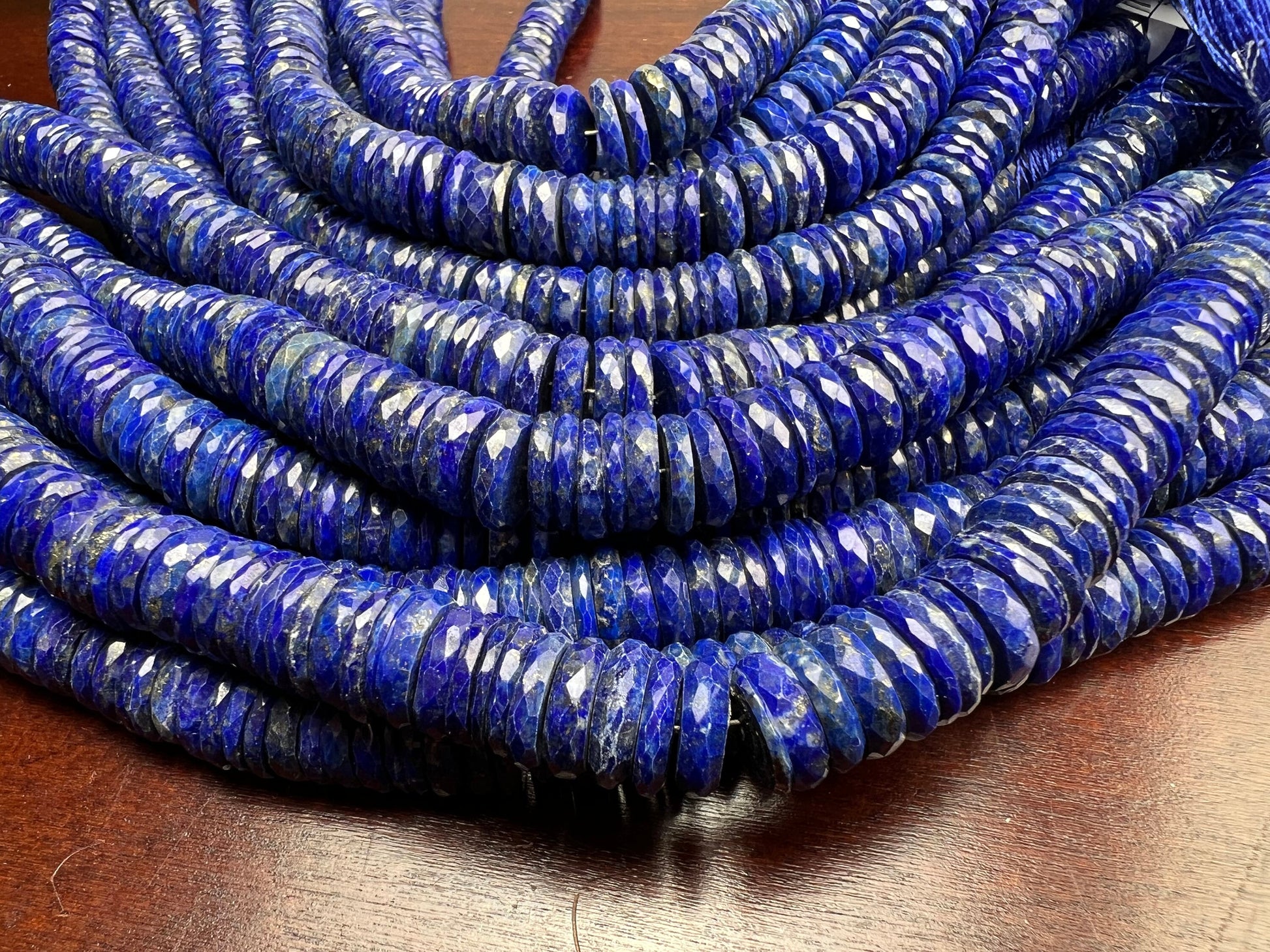 Genuine Lapis Lazuli Faceted Heishi Roundel Washer Beads 7.5” Strand 7.5, 9.5mm size AAA Bright Blue Gold Matrix Natural Lapis