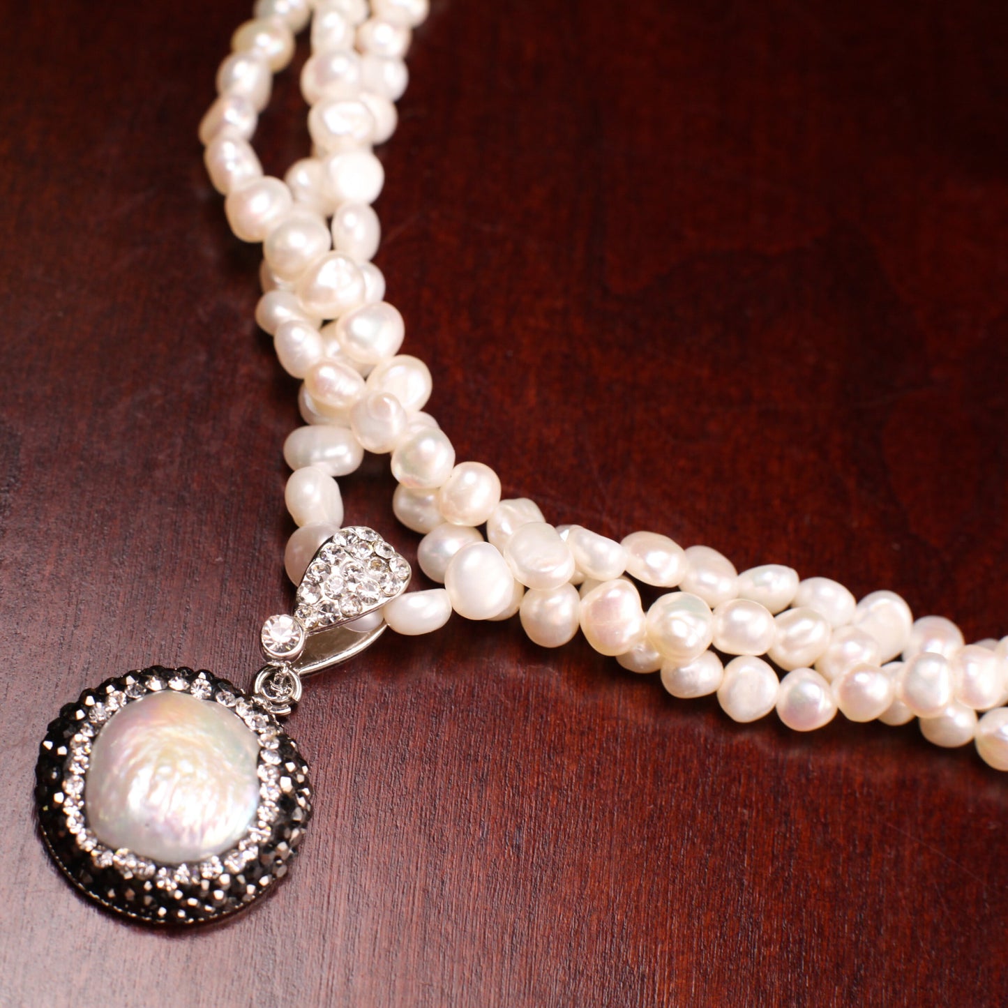 Natural Freshwater White Pearl High Luster Triple Strand Necklace, Freshwater 12mm Coin Pearl & Rhinestone Inlaid Pendant, 17"+2" Extender