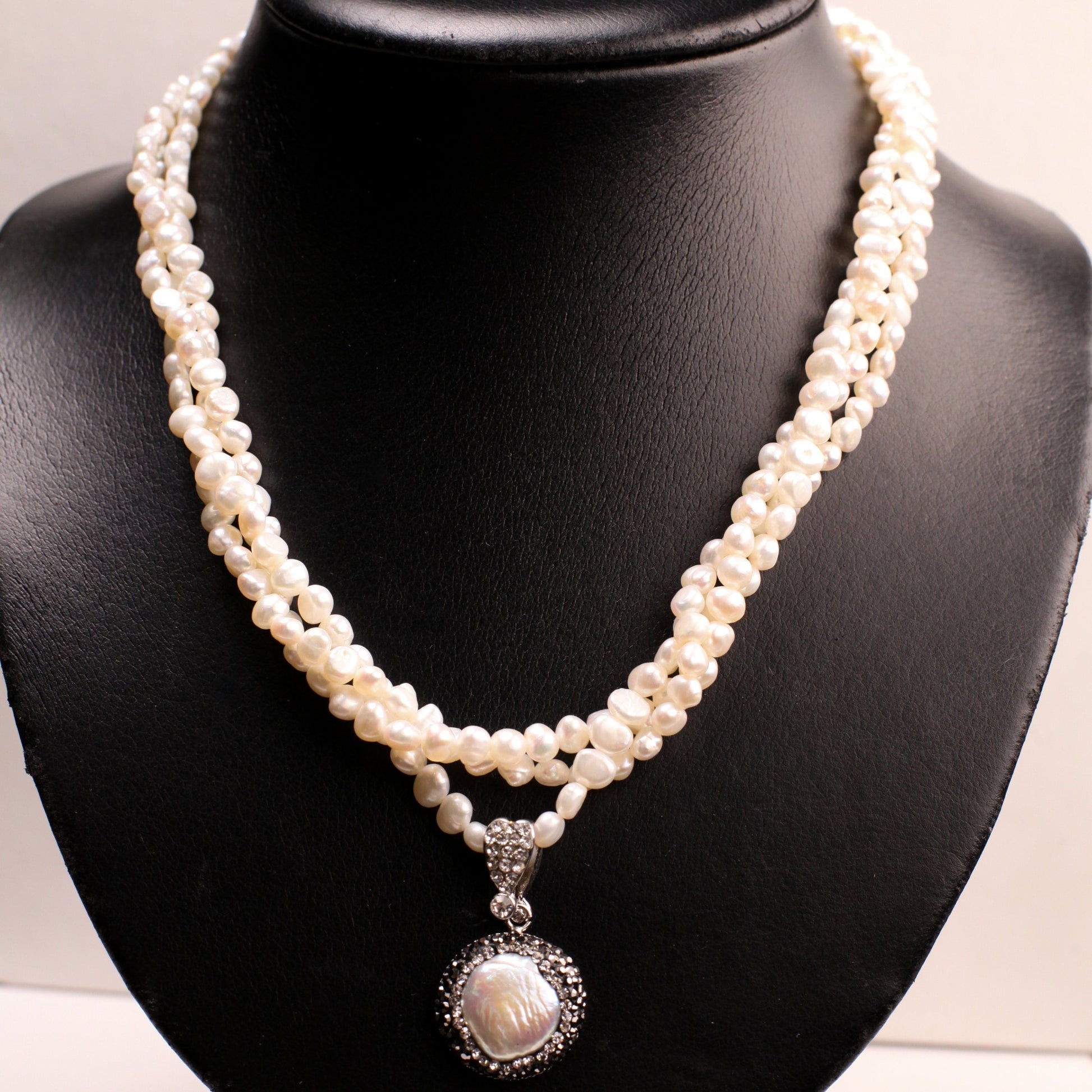 Natural Freshwater White Pearl High Luster Triple Strand Necklace, Freshwater 12mm Coin Pearl & Rhinestone Inlaid Pendant, 17"+2" Extender