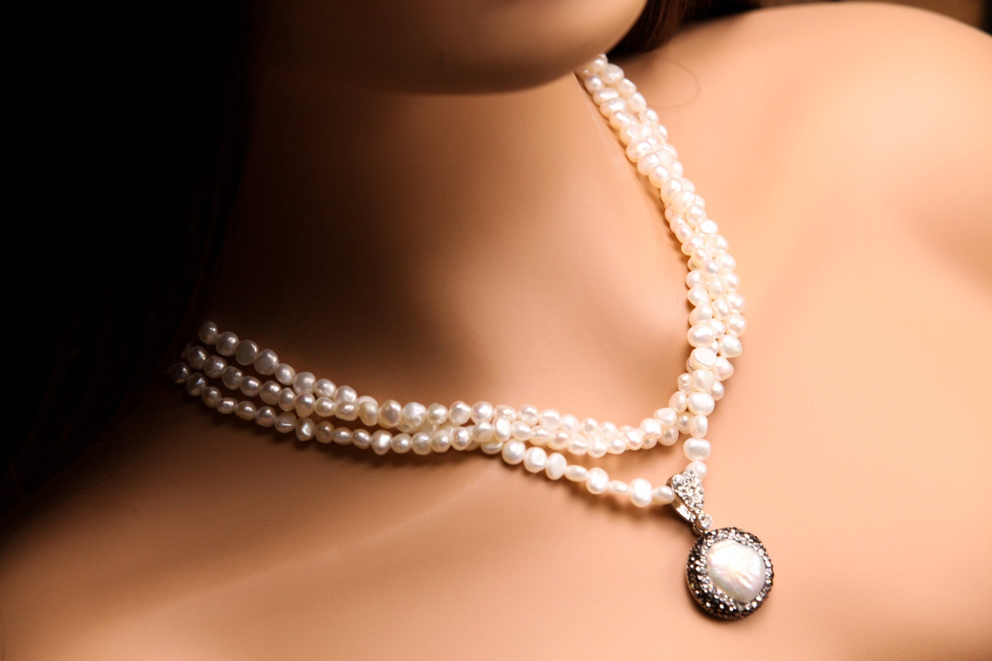 Natural Freshwater White Pearl High Luster Triple Strand Necklace, Freshwater 12mm Coin Pearl & Rhinestone Inlaid Pendant, 17"+2" Extender