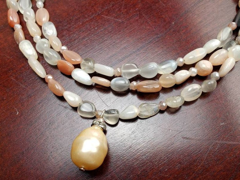 Natural peach Moonstone freeform nugget brown shaded 3 layer Focal south seashell Baroque pearl Pendant Necklace, 18" plus 3" Extension