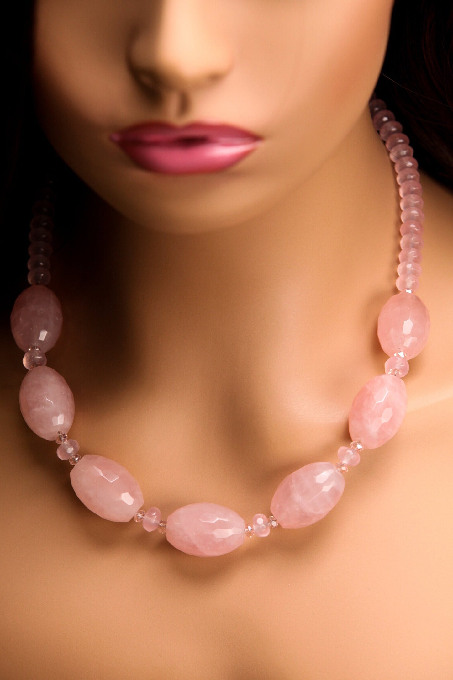 Madagascar Rose Quartz 18x26mm Faceted Oval with 8mm Faceted Rondelle Spacers Necklace with 2" Extension Chain